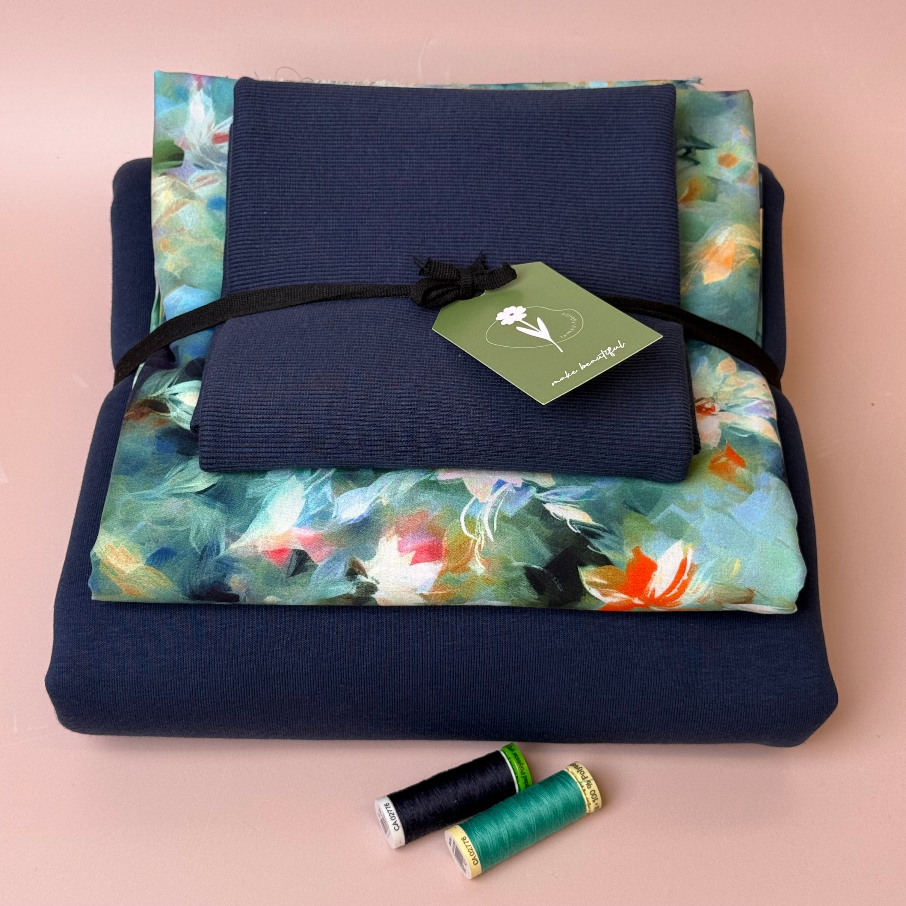 Make an Outfit Colour Bundle - Watercolour Florals Viscose & Sweatshirting in Navy with Ribbing