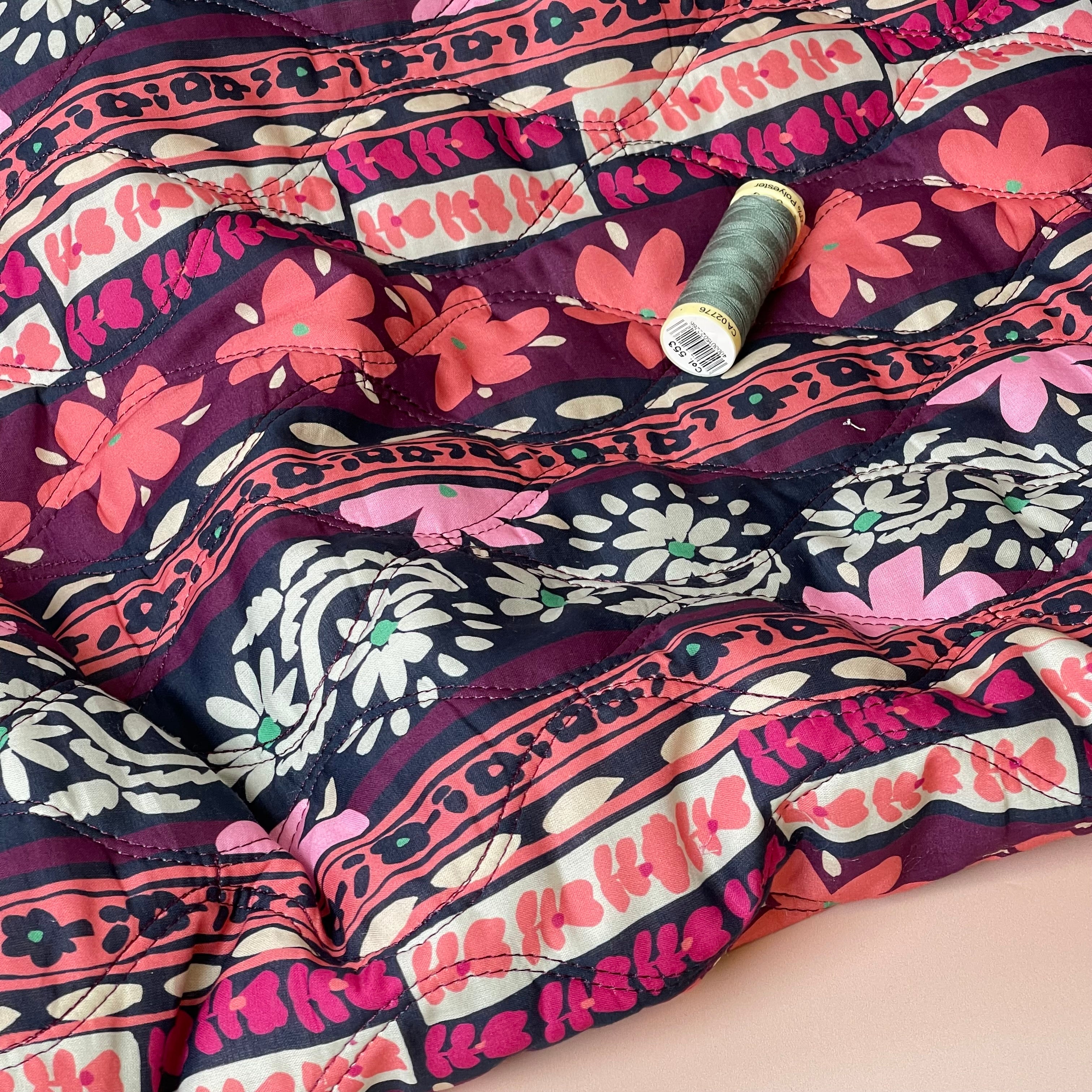 Ornamental Flowers Aubergine Quilted Cotton Fabric