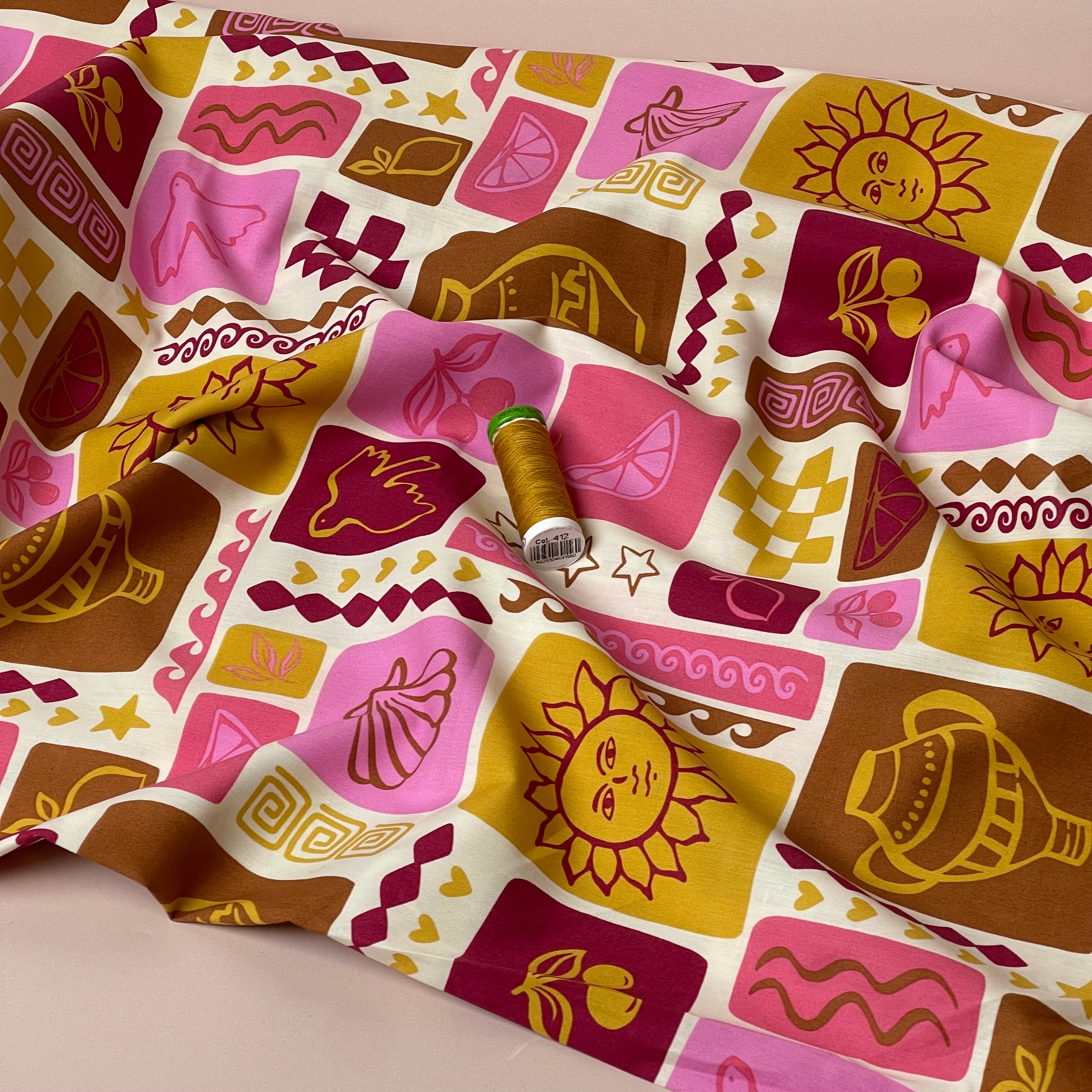 Funky Patchwork Postcard Ochre Fine Cotton Poplin Fabric