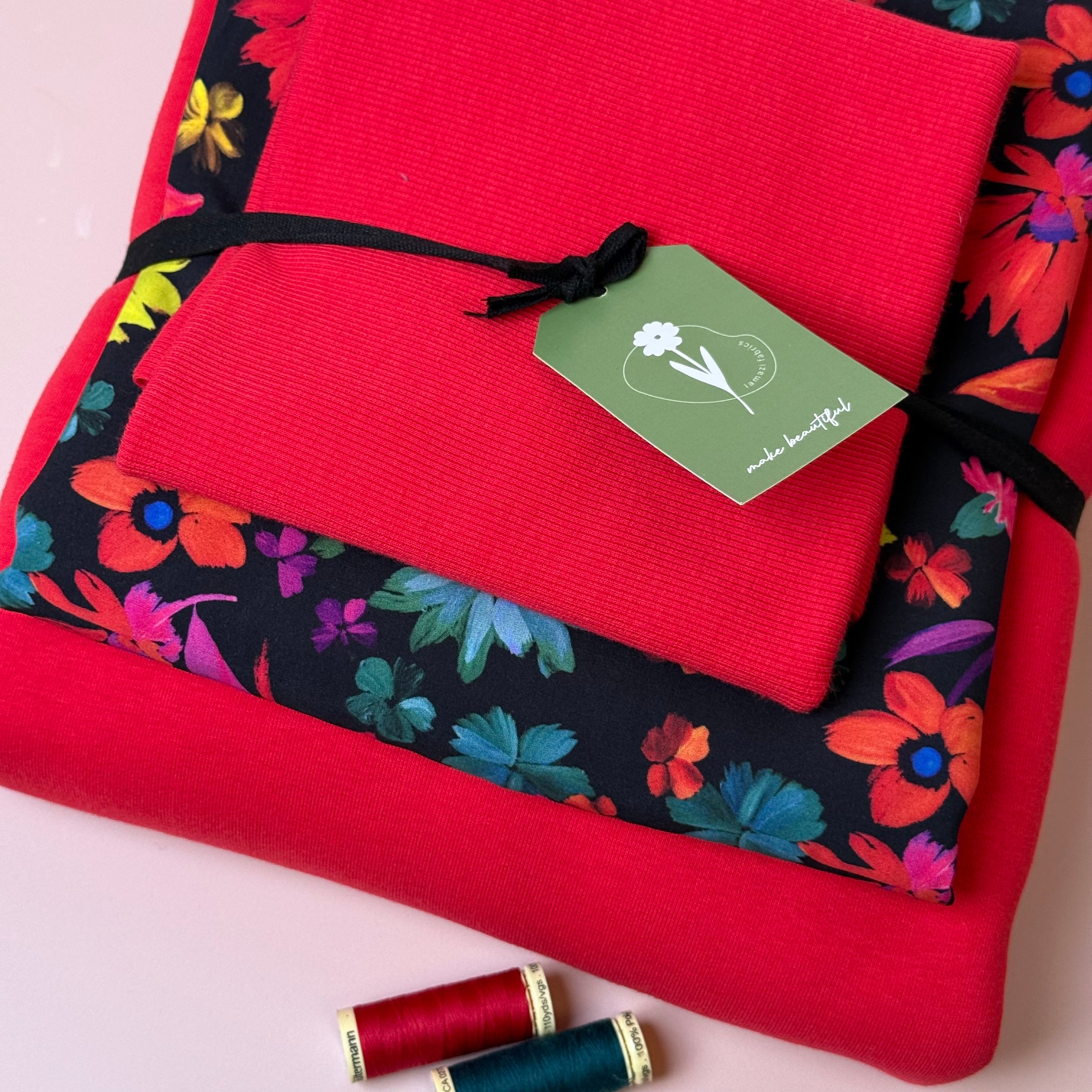 Make an Outfit Colour Bundle - Dopamine Flowers Viscose & Sweatshirting in Red with Ribbing