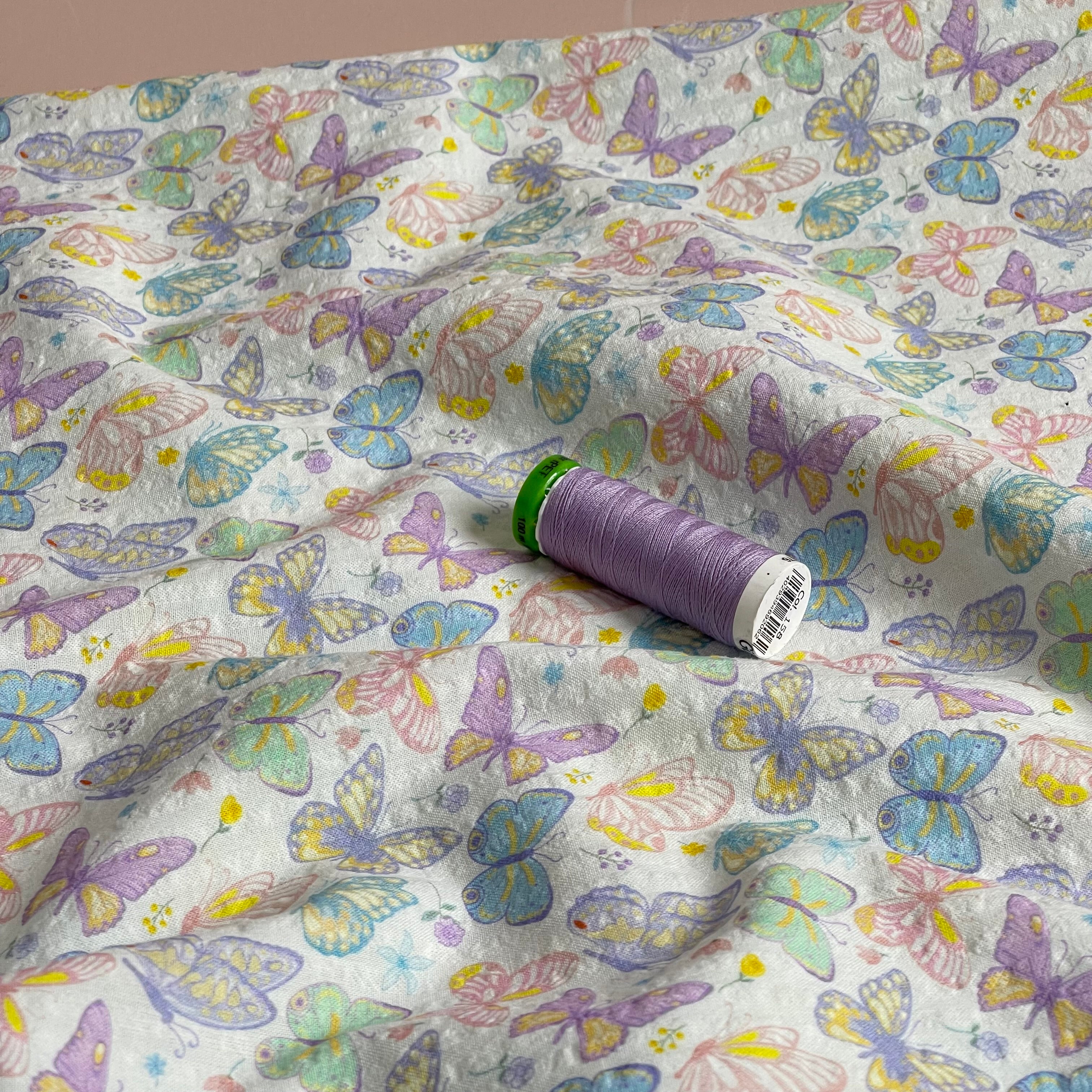Butterflies Bubble Stripes Cotton Seersucker Fabric
