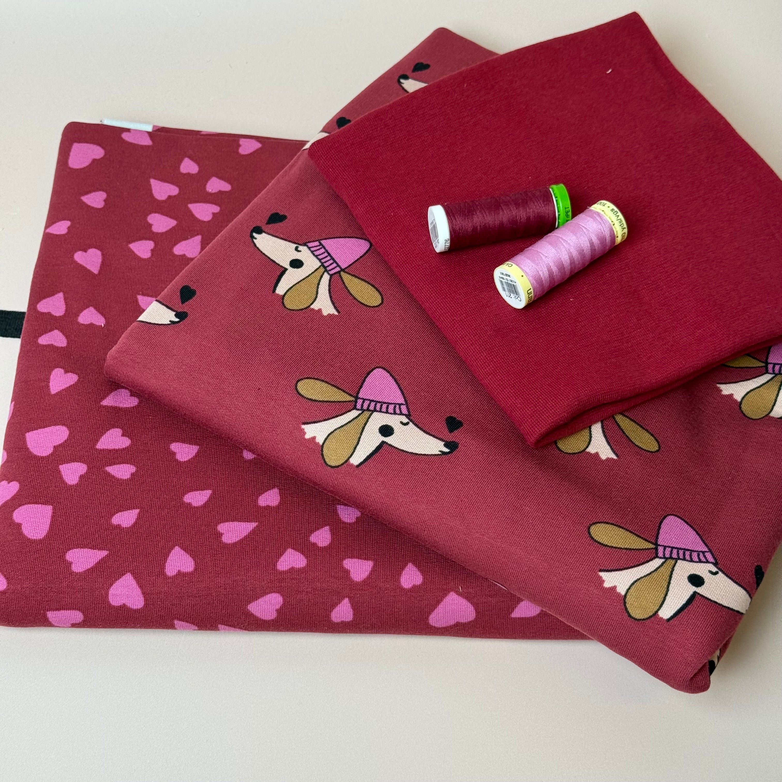 Make an Outfit Colour Bundle - Dogs and Heart Berry Cotton Sweat-shirting with Ribbing