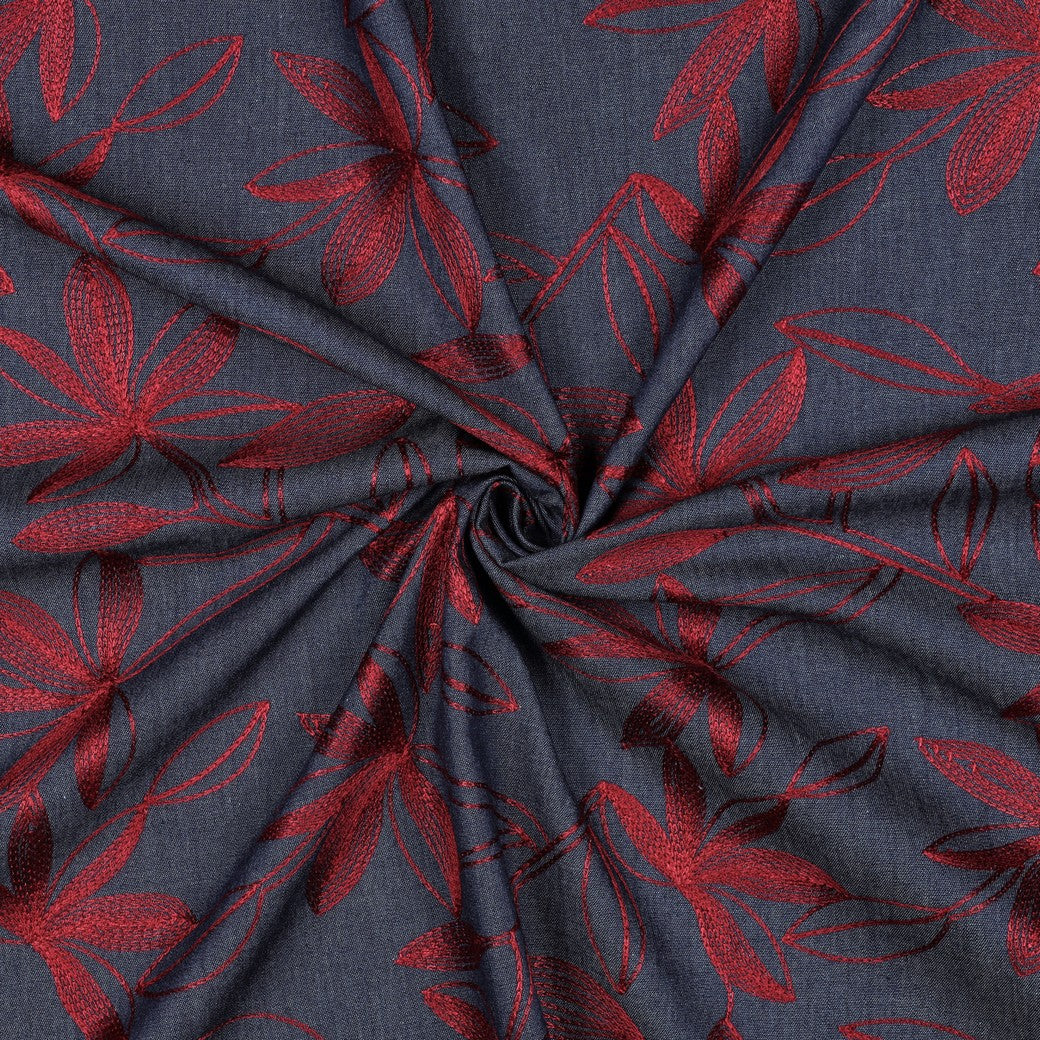 Denim with Burgundy Embroidered Flowers Cotton Fabric