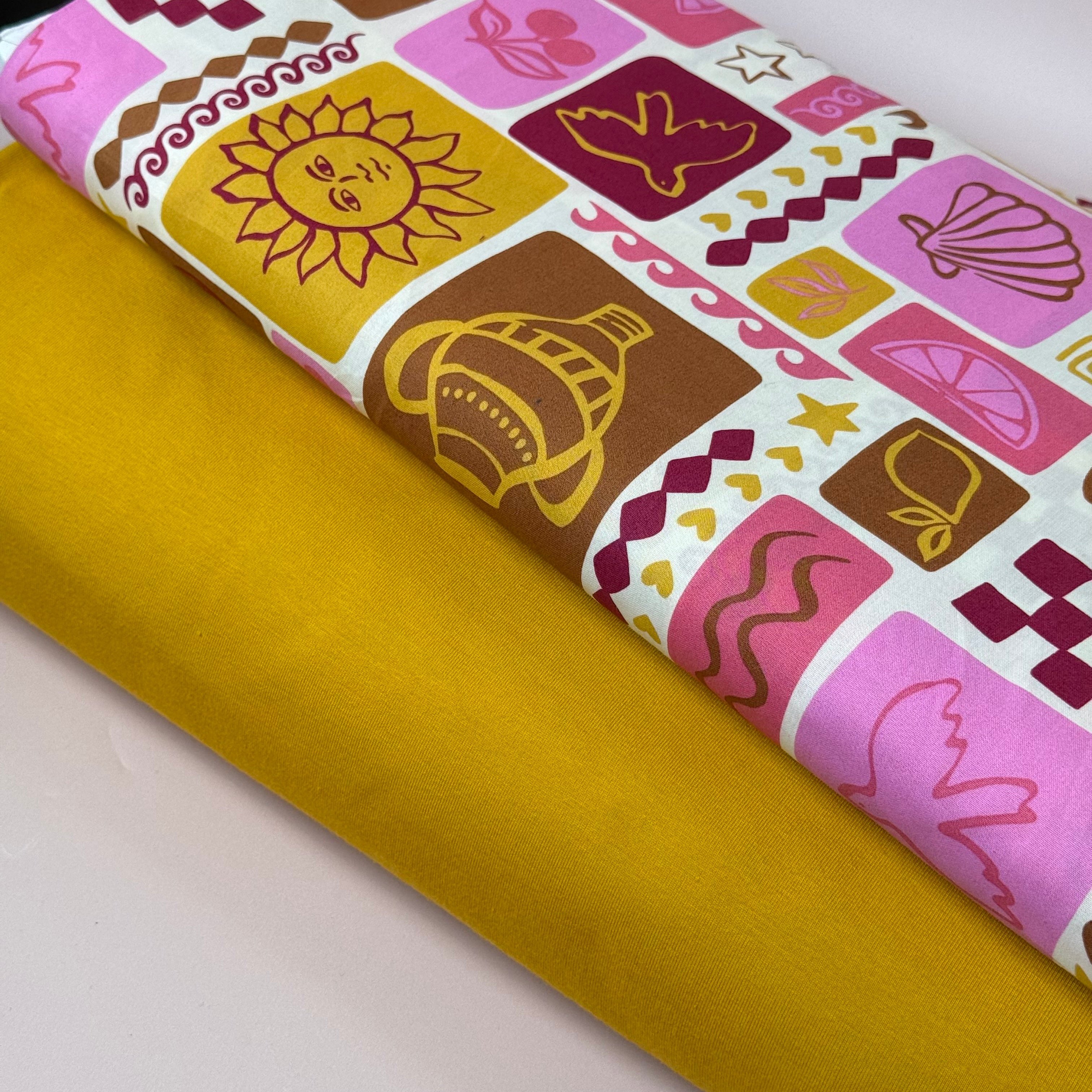 Funky Patchwork Postcard Ochre Fine Cotton Poplin Fabric