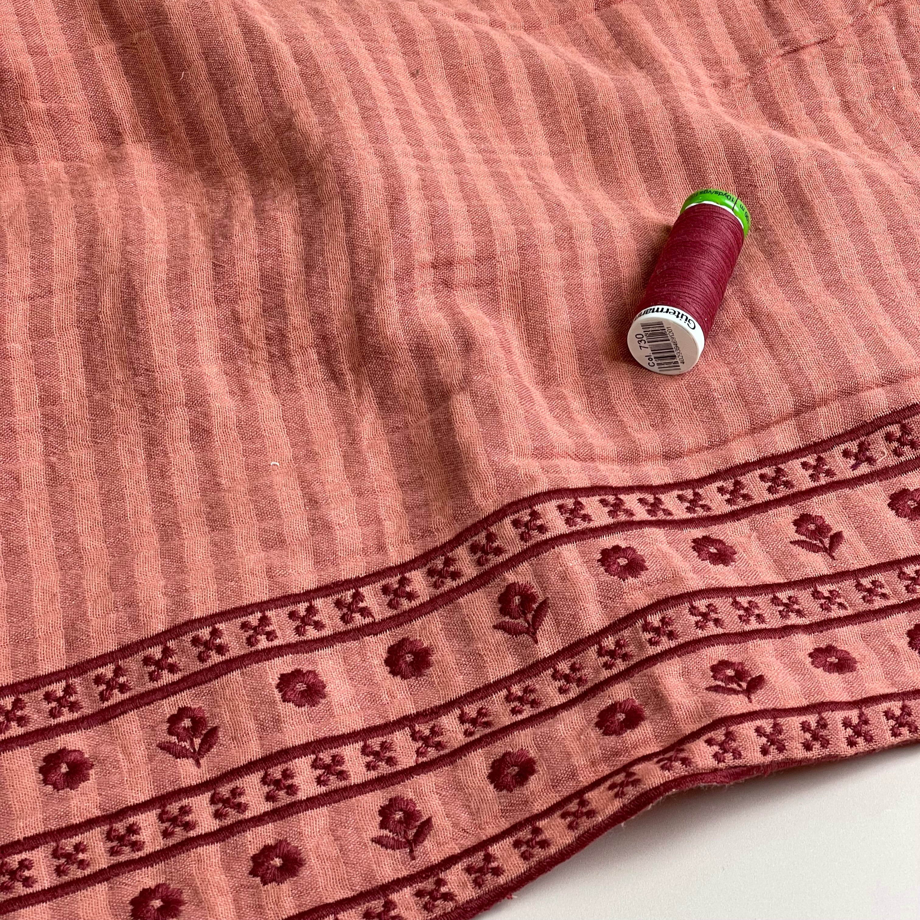 Border Embroidered Yarn Dyed Striped Cotton Double Gauze in Peach