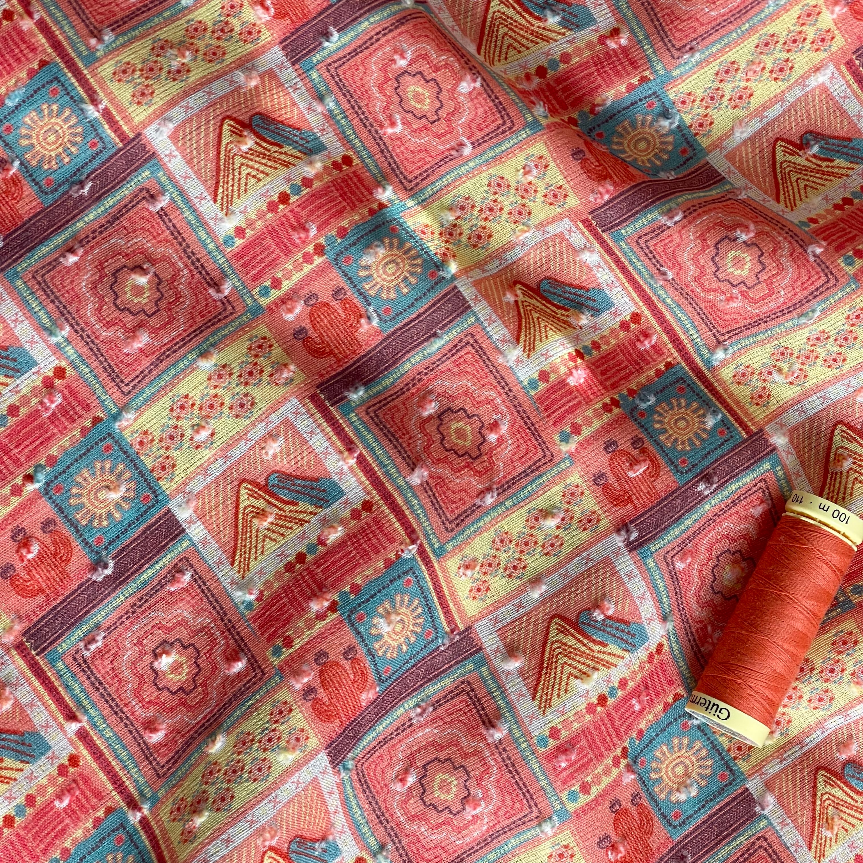 Patchwork Coral Cotton Dobby Check Fabric