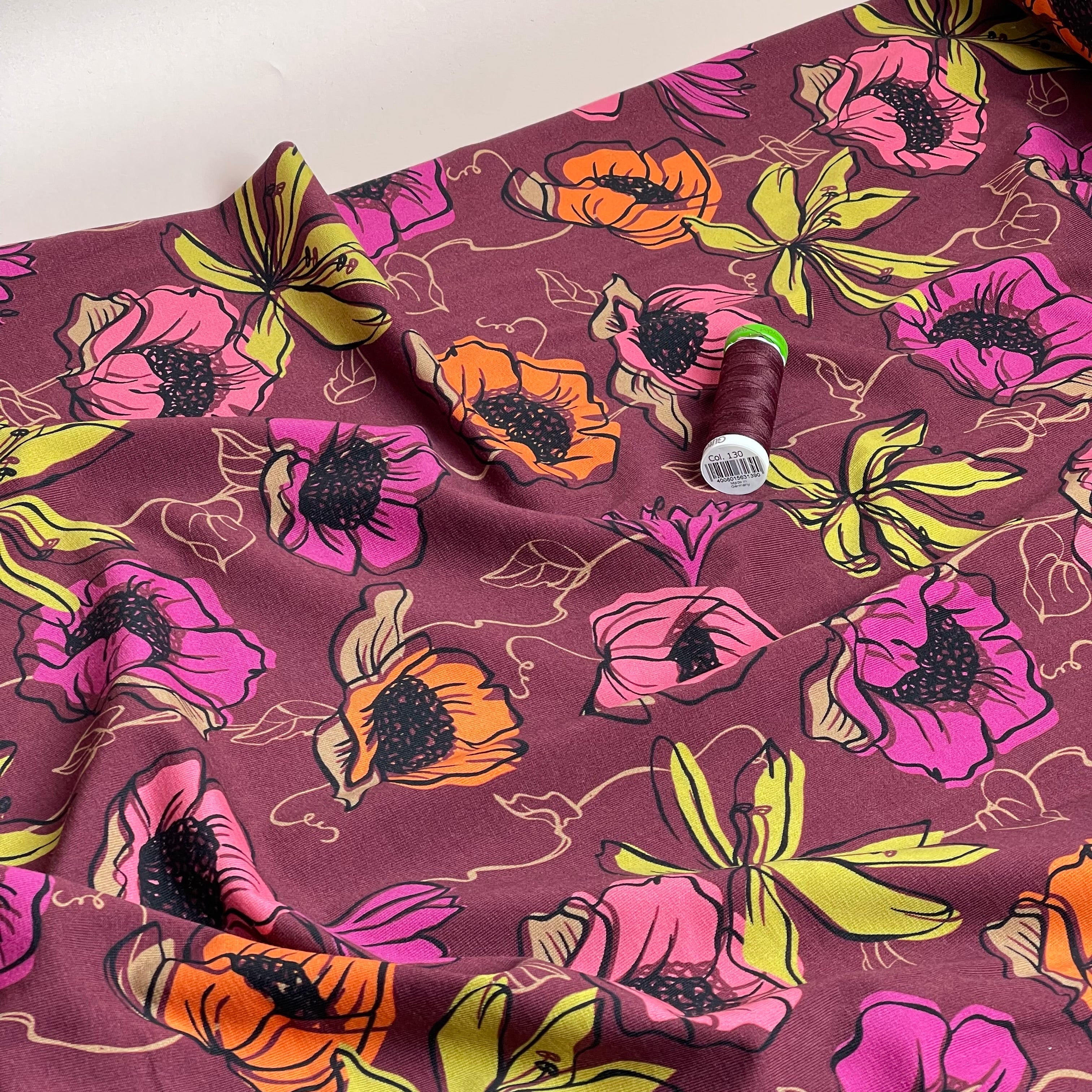 Danish Design - Autumn Blooms on Burgundy Cotton Jersey