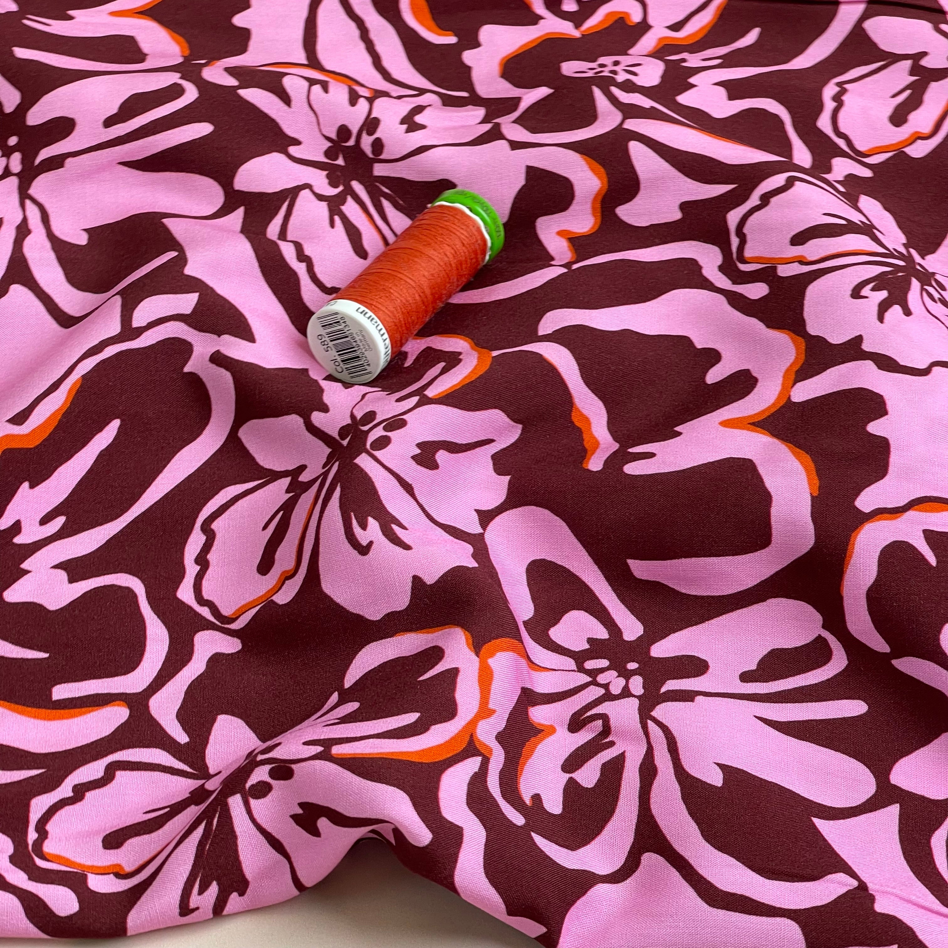 Flowers on Burgundy LENZING™ ECOVERO™ Viscose Fabric