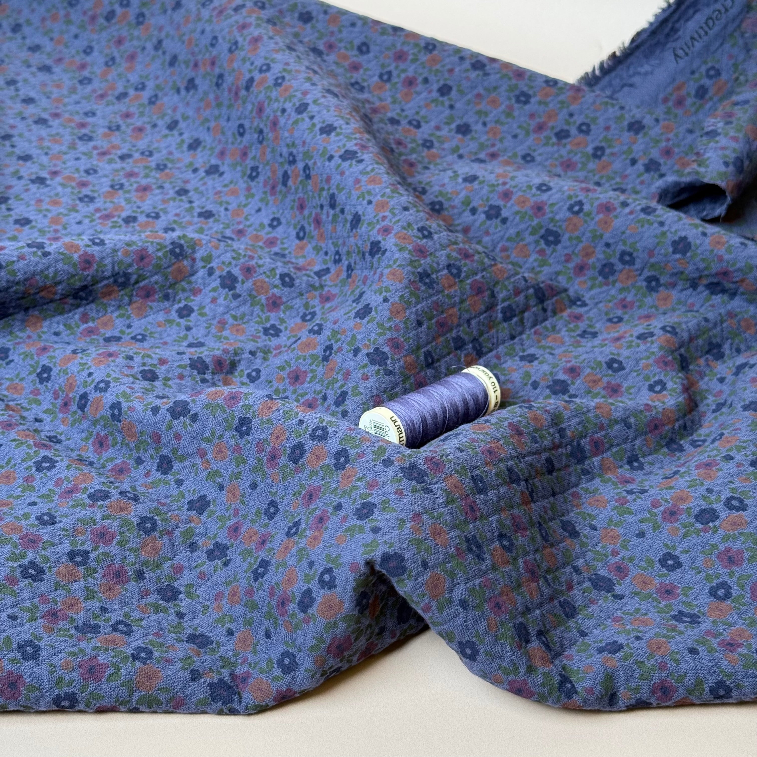 Ditsy Flowers Red on Blue Cotton Diamond Jacquard Fabric