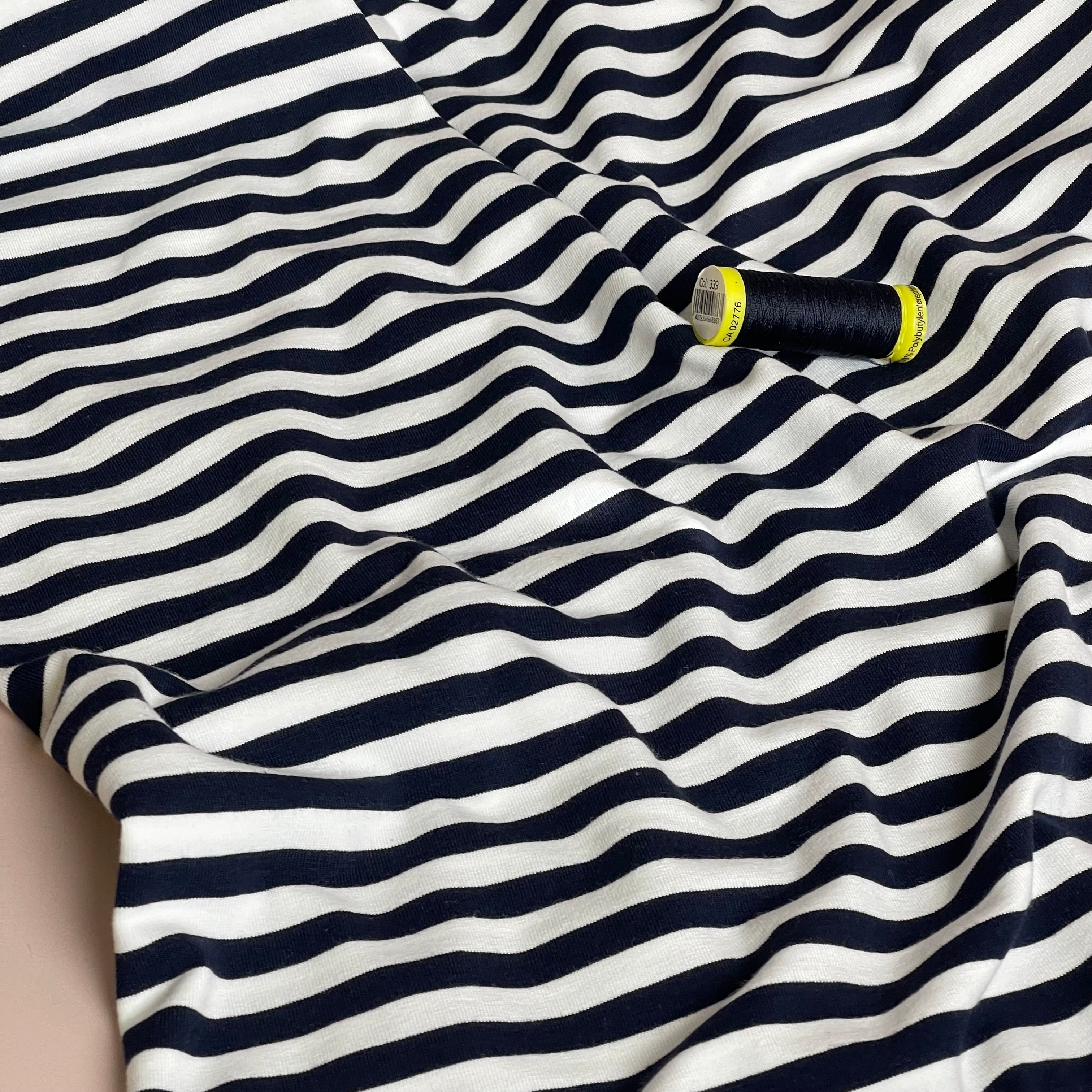 Yarn Dyed Navy Breton Stripe Cotton Jersey Fabric