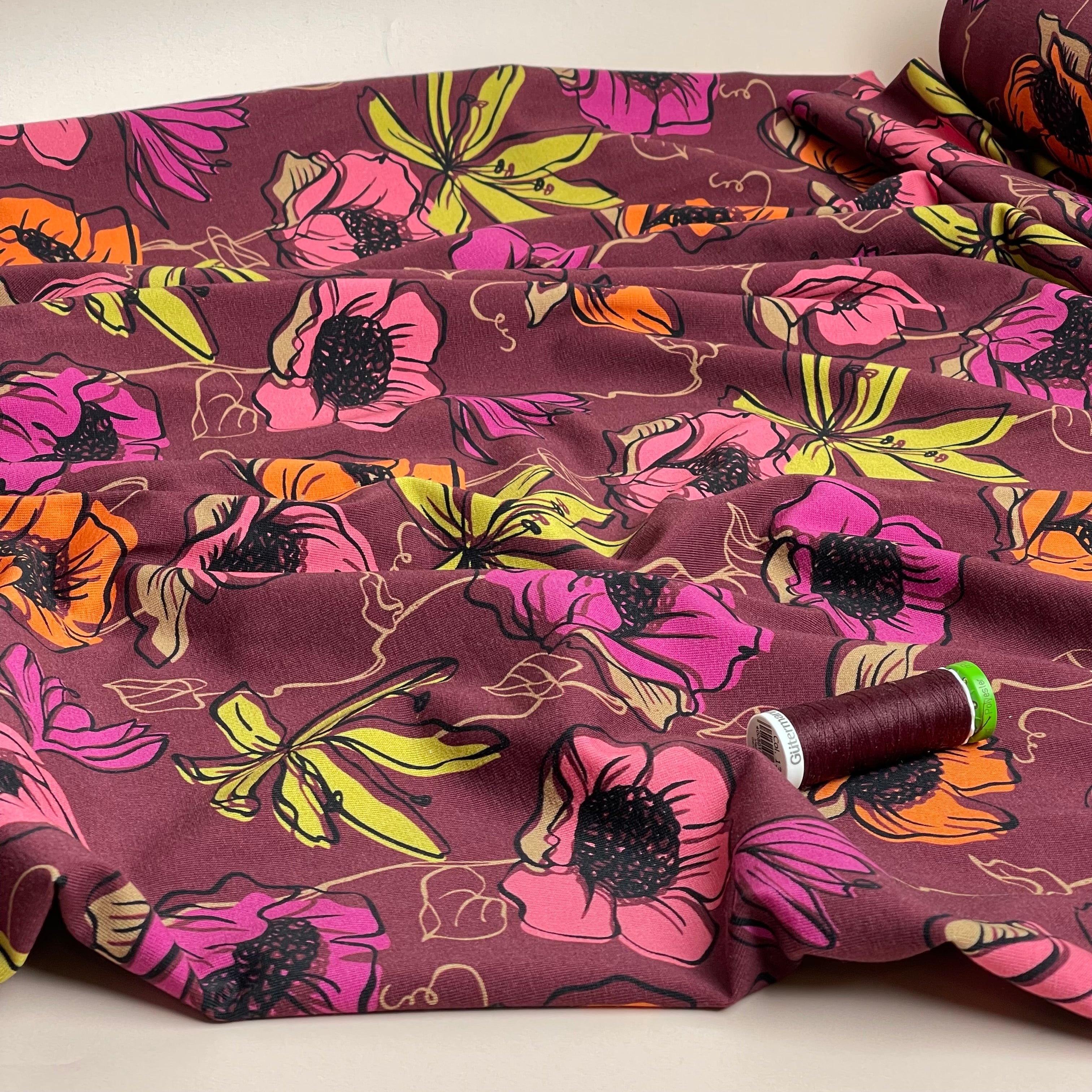 Danish Design - Autumn Blooms on Burgundy Cotton Jersey