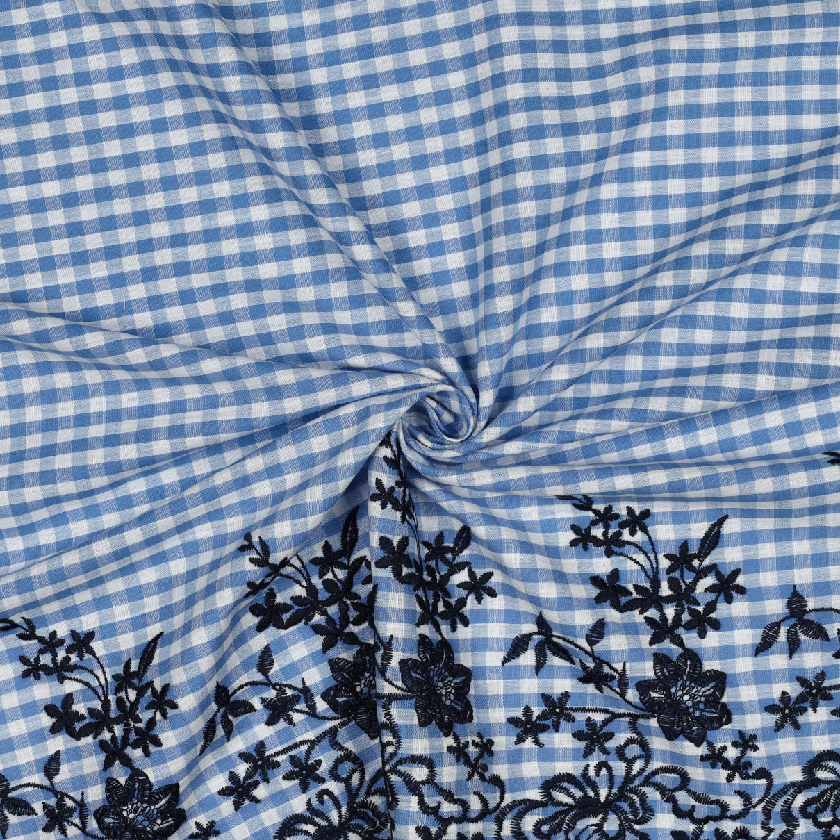 Scalloped Embroidered Blue Gingham Cotton Fabric