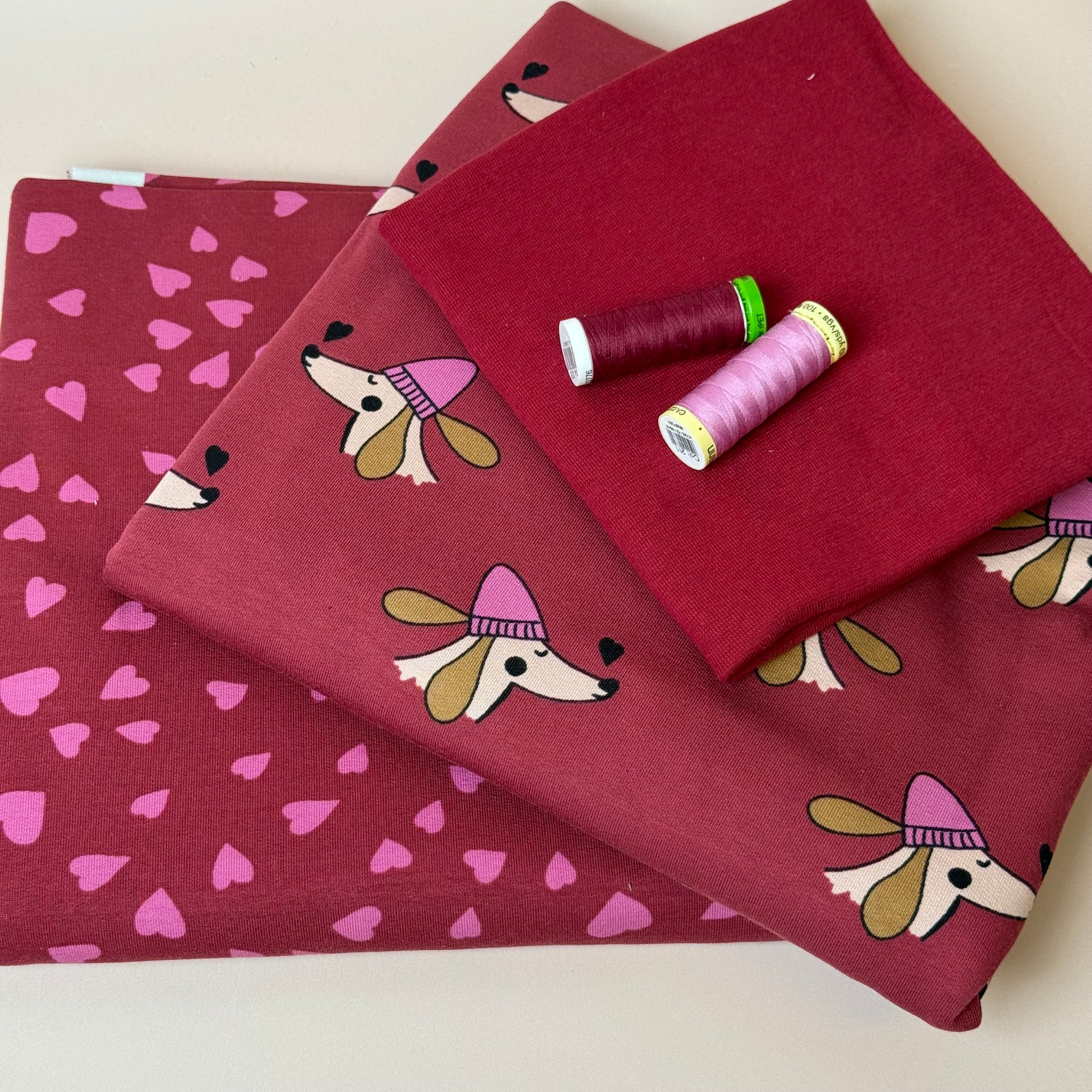 Make an Outfit Colour Bundle - Dogs and Heart Berry Cotton Sweat-shirting with Ribbing