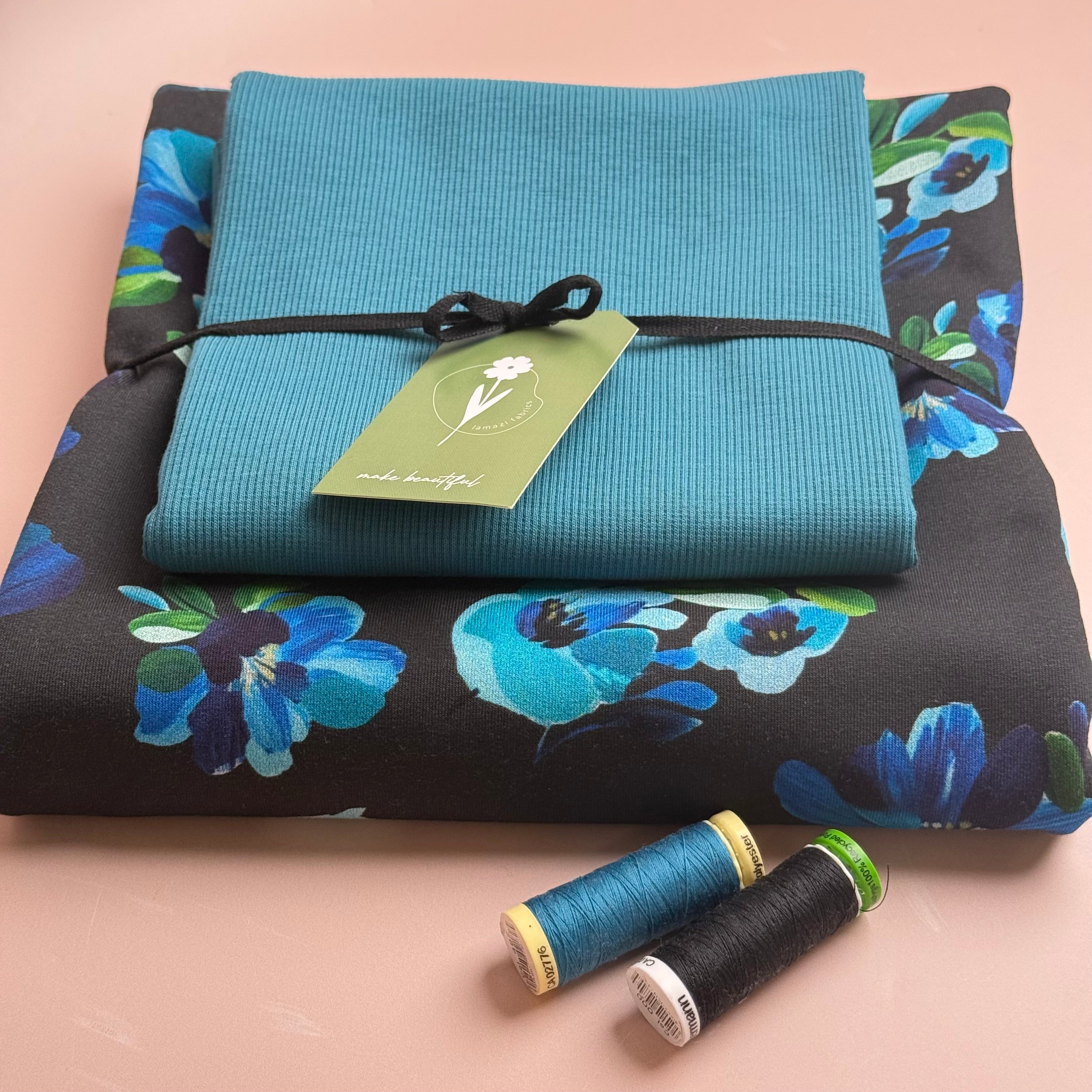 Colour Bundles - Painted Petals Black Cotton French Terry & Matching Ribbing