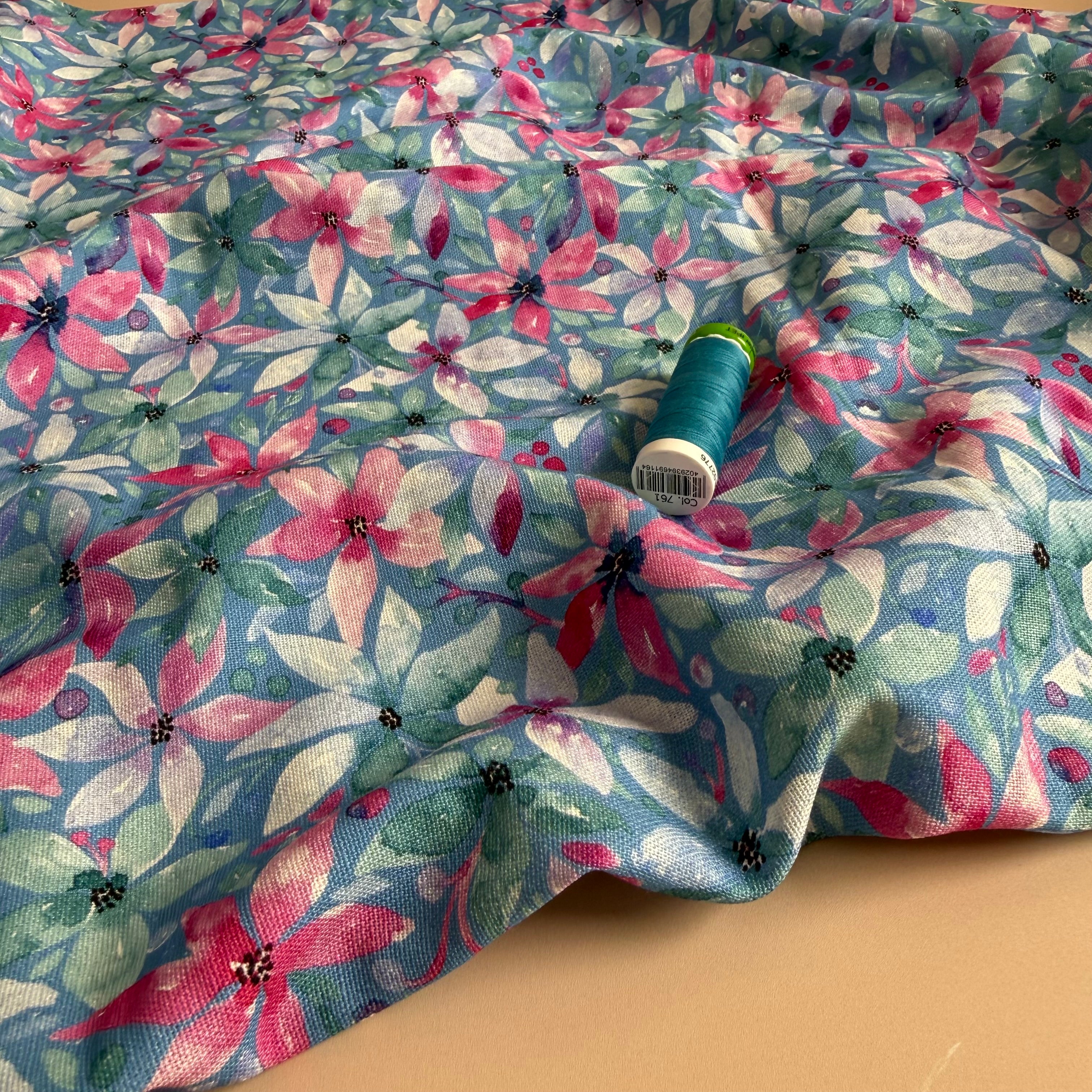 Cosmos Flowers Viscose Linen Fabric