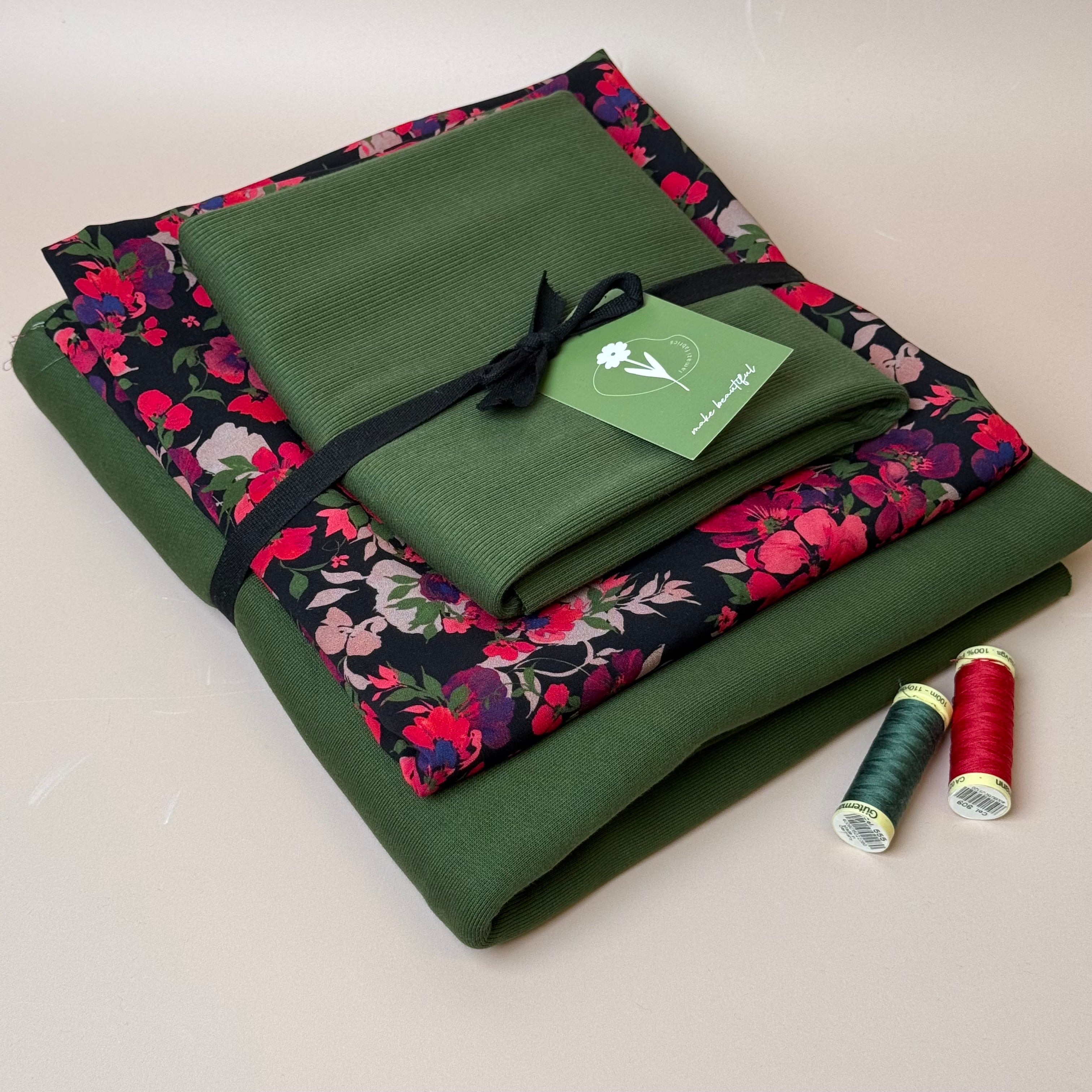 Make an Outfit Colour Bundle - Rosehip Viscose & Brushed Sweatshirt in Green Khaki with Ribbing