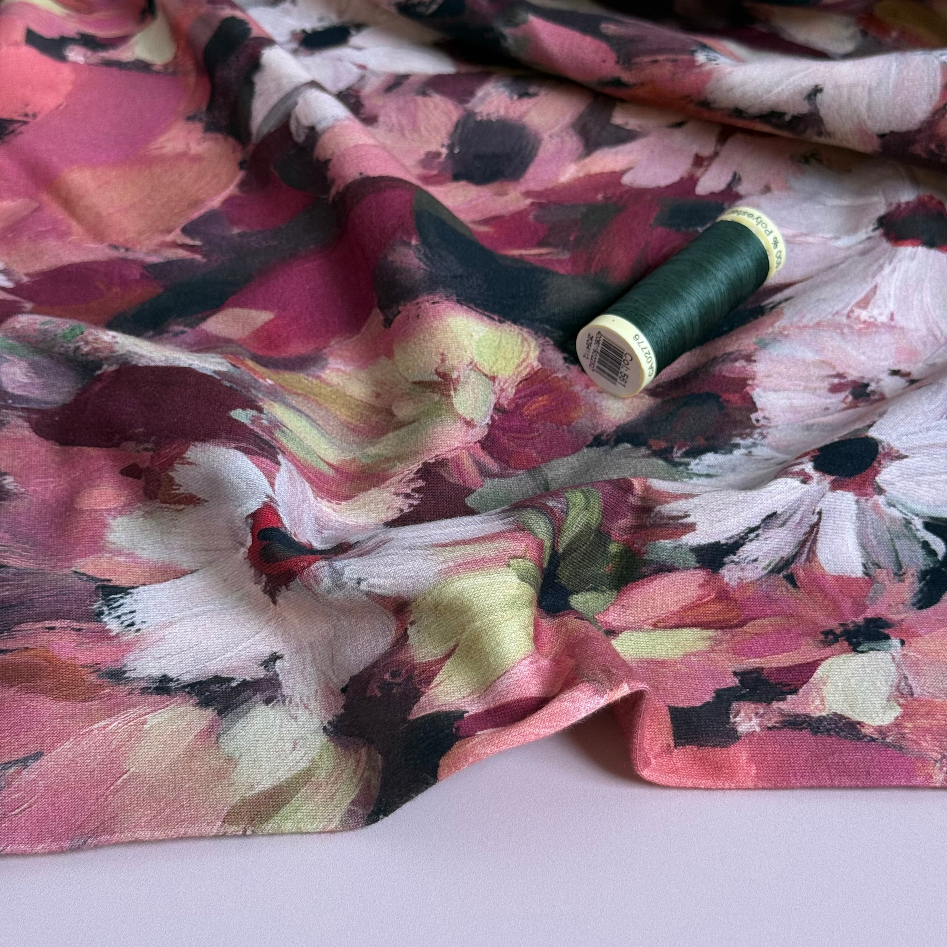 Painted Florals Burguny Cotton French Terry Fabric