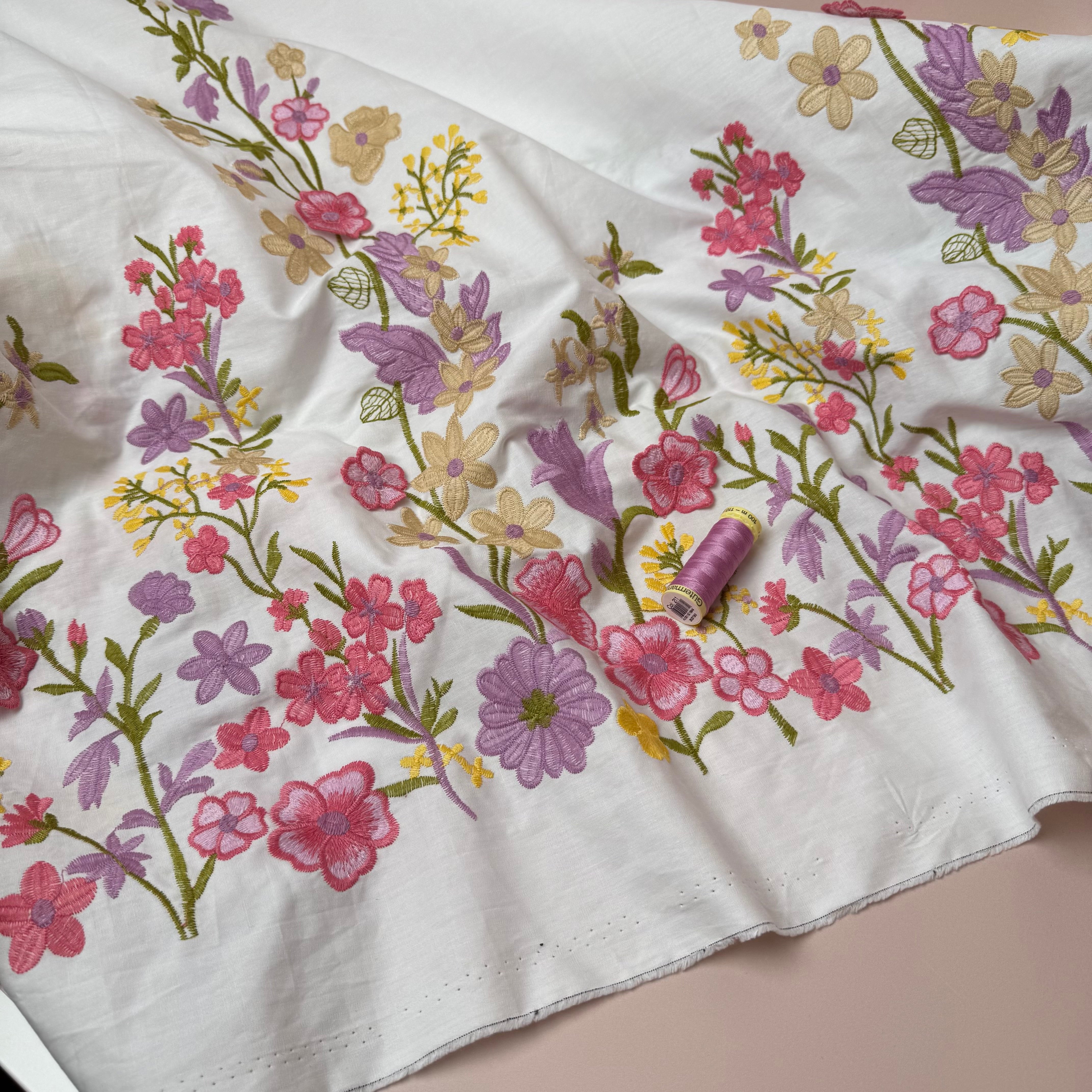 Pink Floral Border Embroidered Cotton Fabric