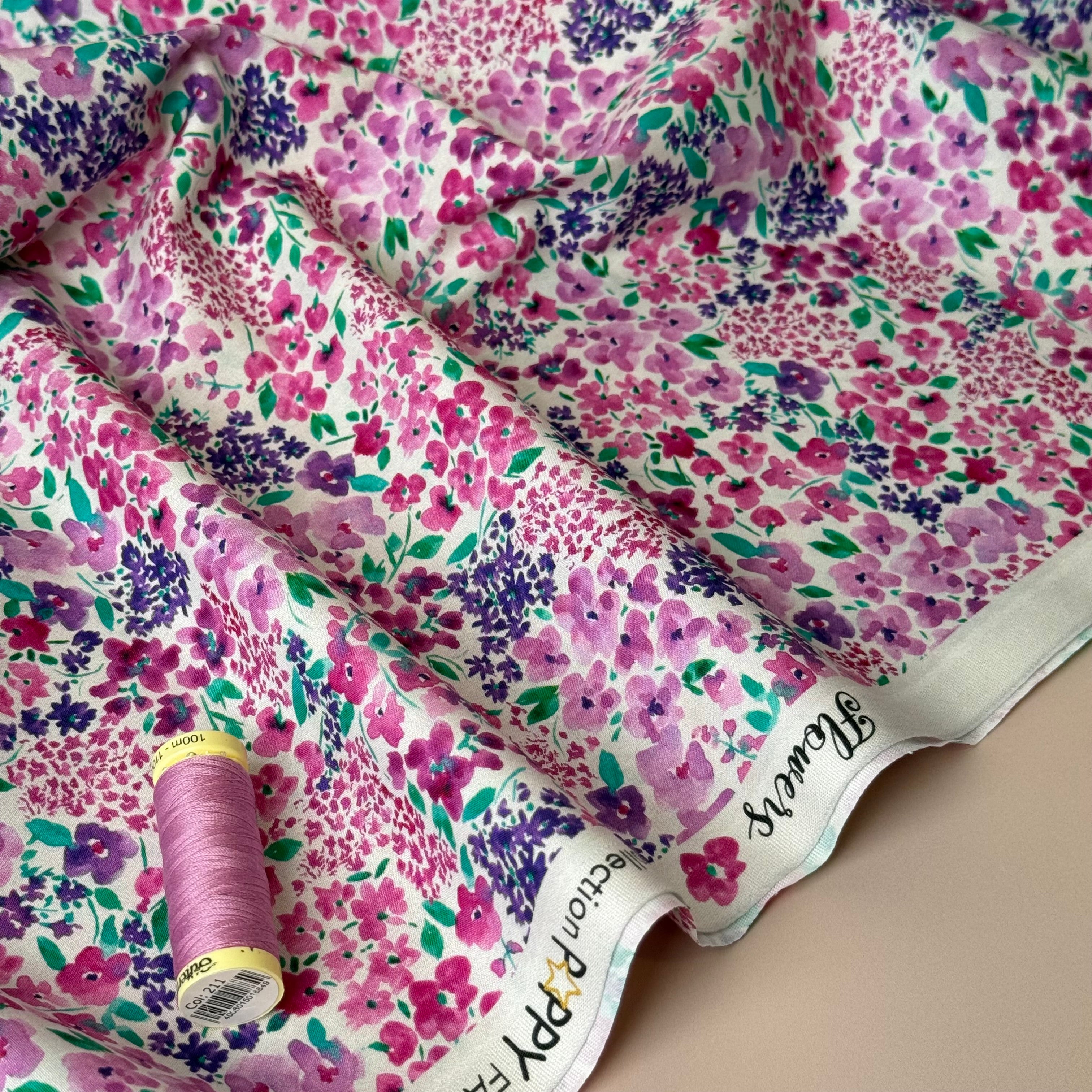 Small Watercolour Flowers on White Fine Cotton Poplin