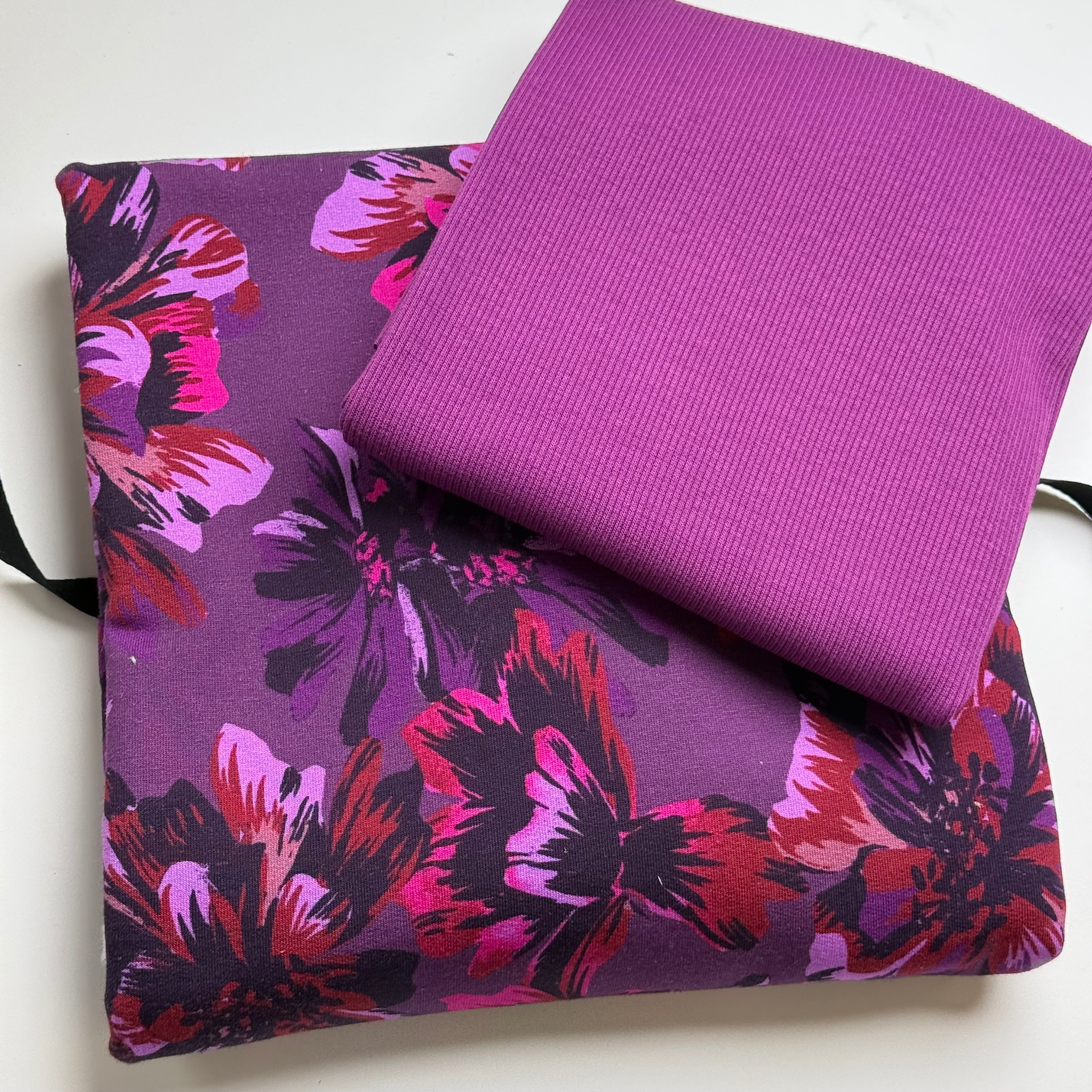Colour Bundles - Magenta Flowers Cotton Sweatshirting & Matching Ribbing