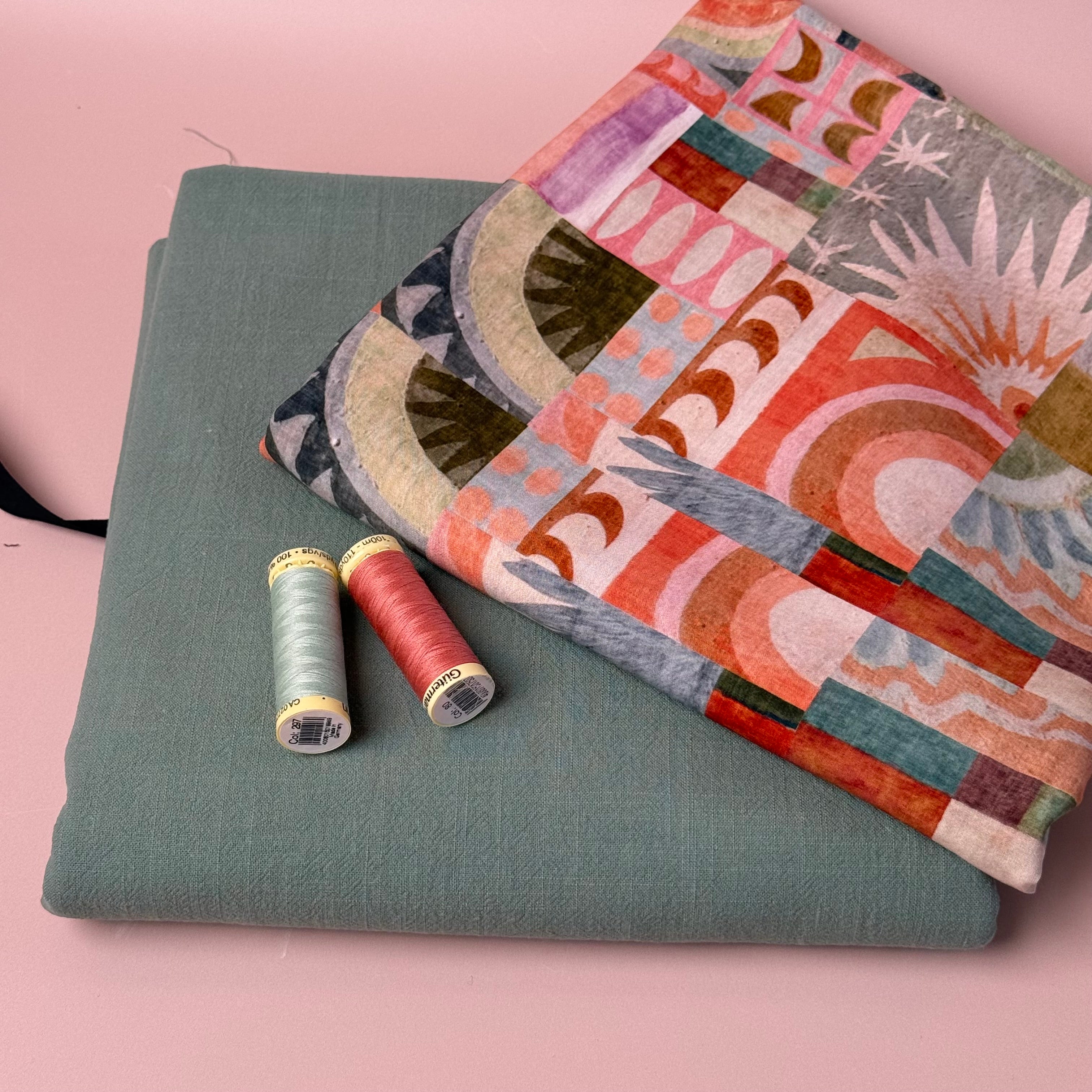 Make an Outfit Colour Bundle - Abstract Tiles Viscose with Sage Green Washed Cotton