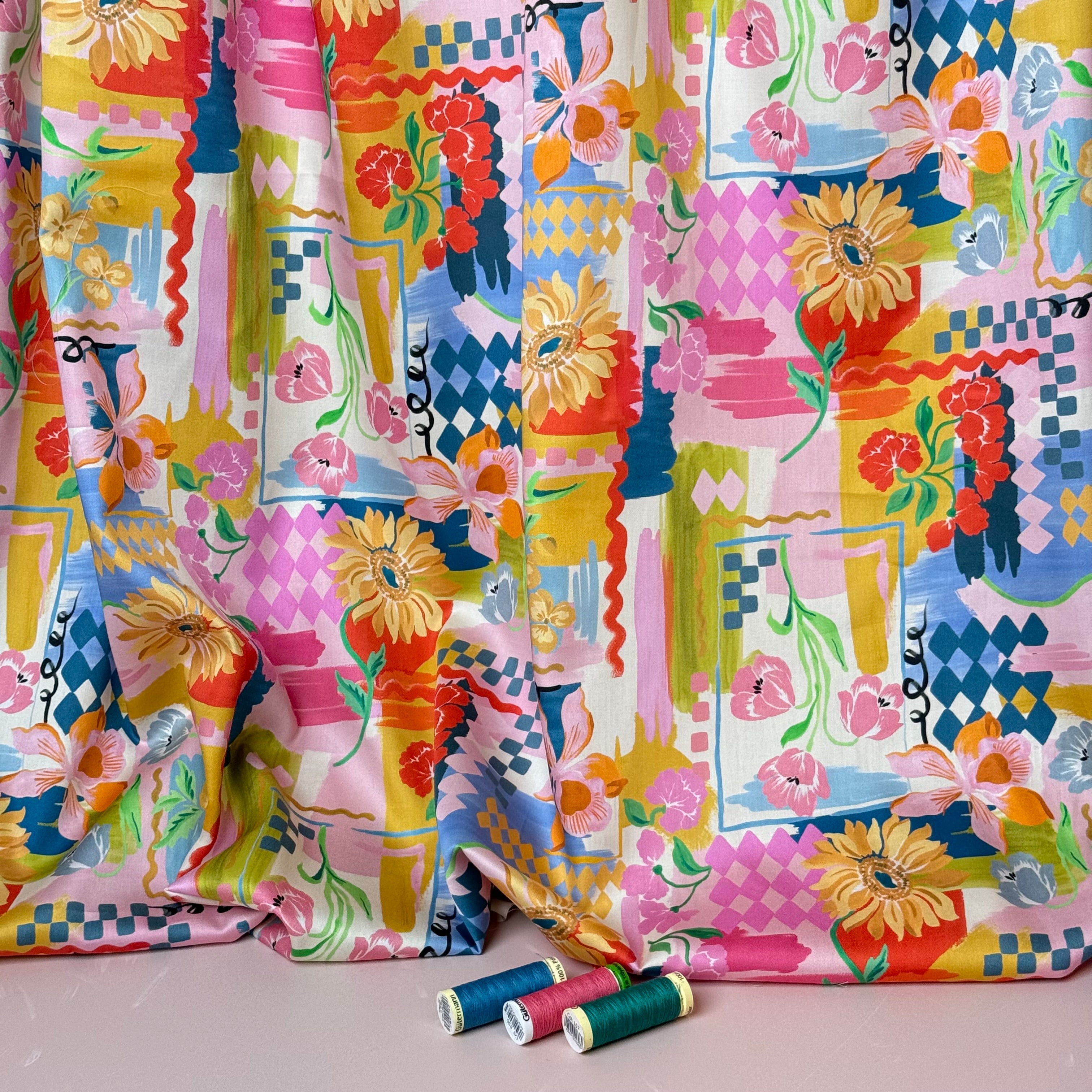 Holiday Patchwork Postcard Spring Cotton Sateen Fabric
