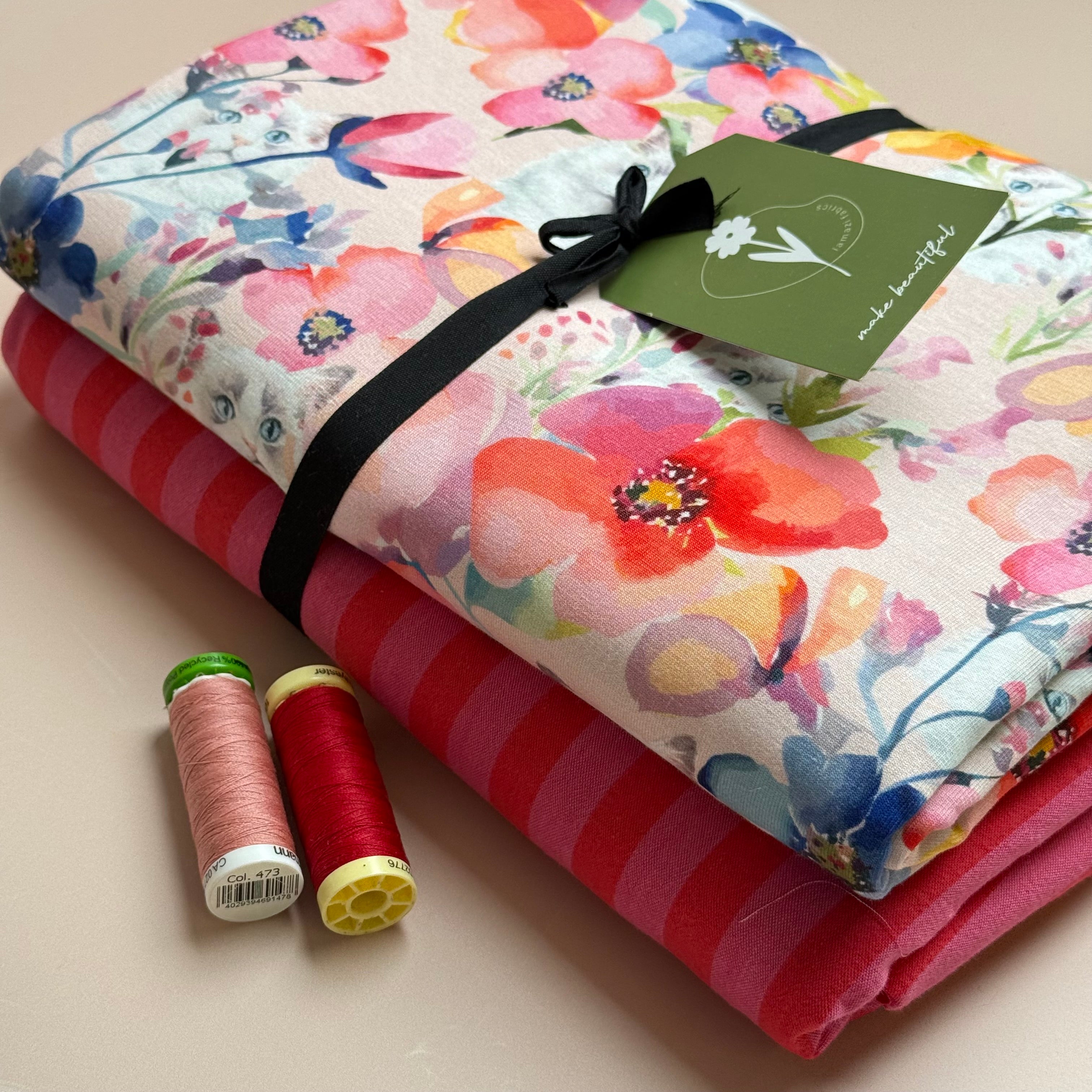 Make an Outfit Colour Bundle & Sewing Kit - Pyjama Bundle with Striped Cotton and Printed Jersey