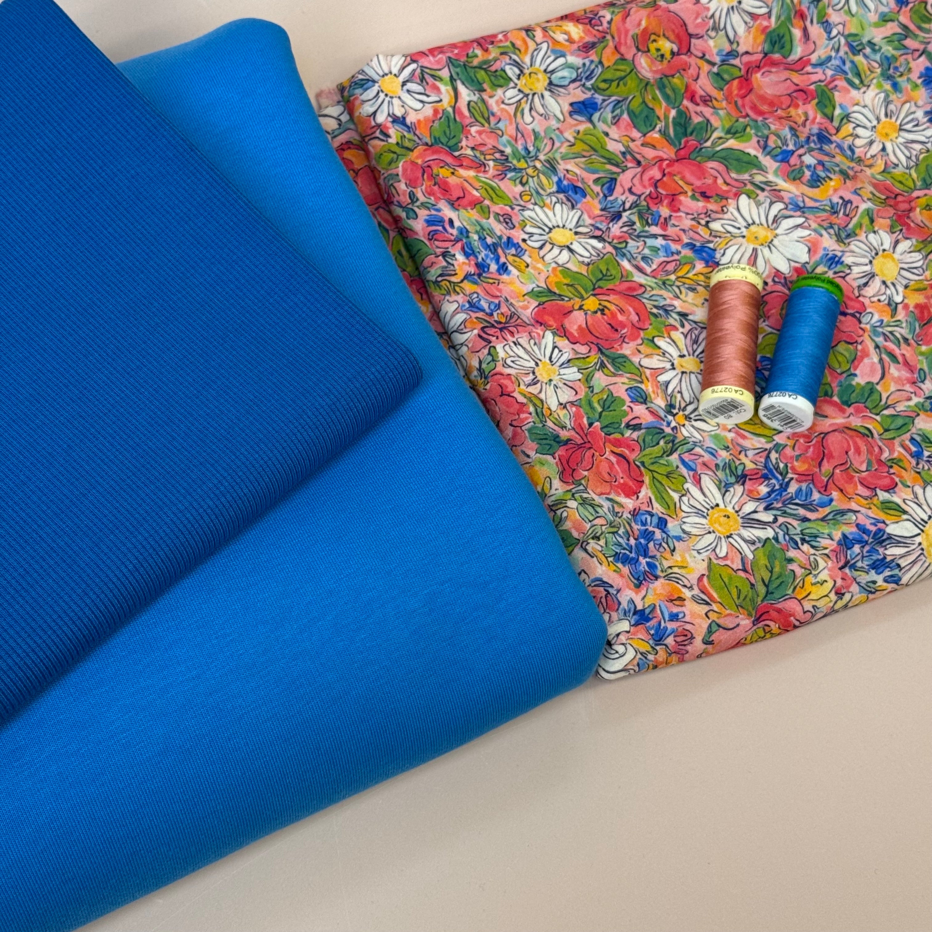 Make an Outfit Colour Bundle - Daisies Viscose & Sweatshirting in Bright Blue with Ribbing