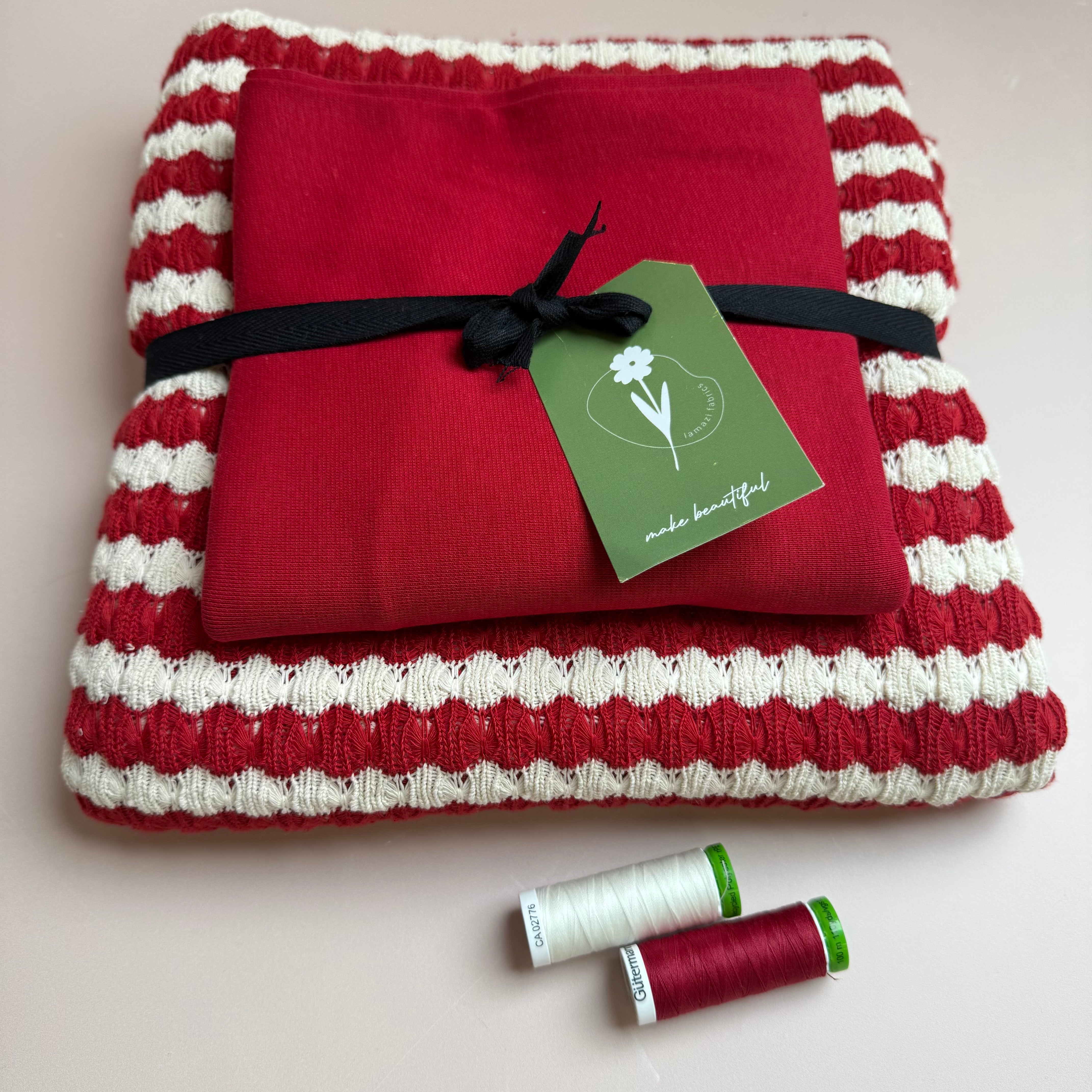 Make an Outfit Colour Bundles & Sewing Kit- Arielle Top in Summer Knitted Jacquard Red & Matching Ribbing
