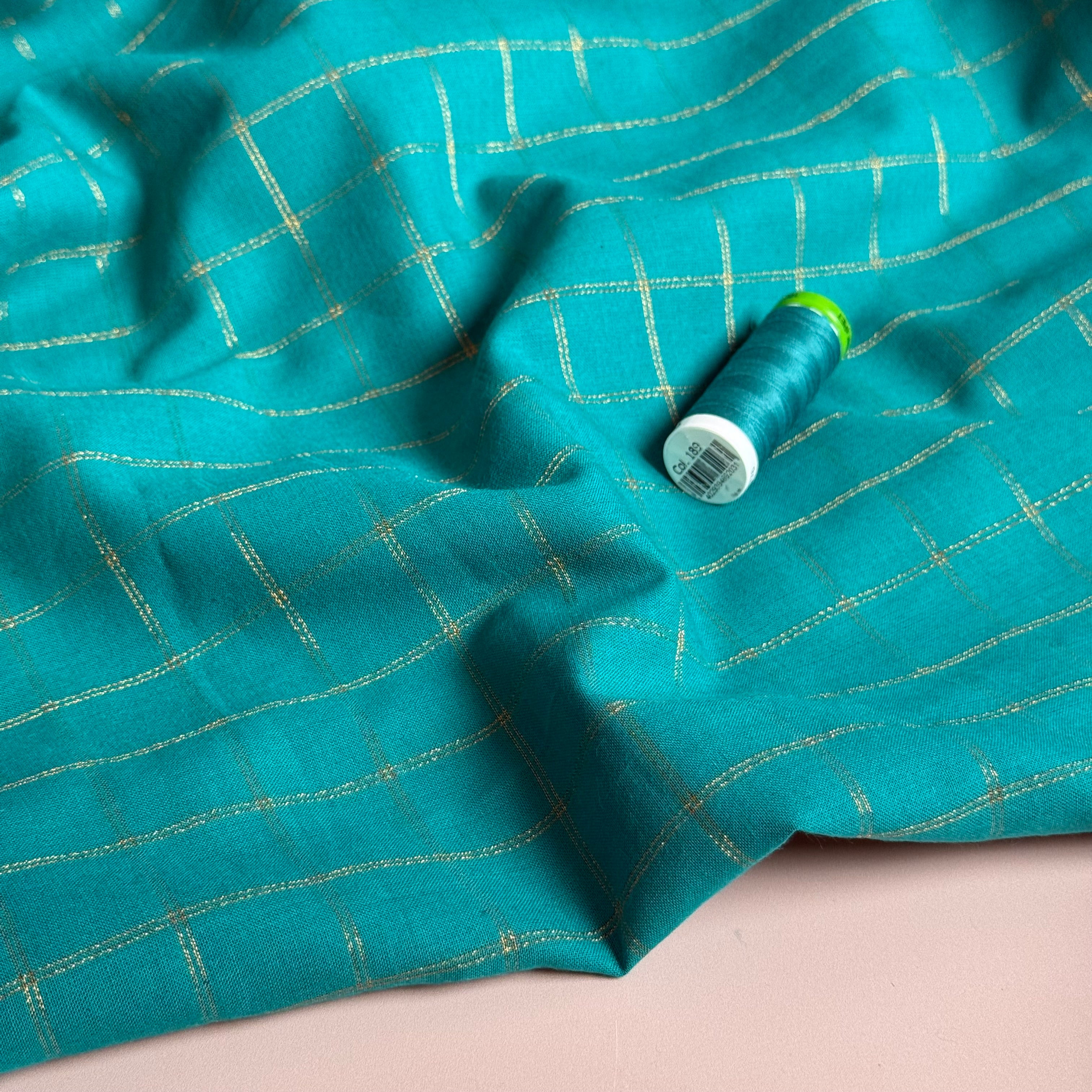 Ex Designer Deadstock - Gold Lurex Check on Teal Cotton Fabric