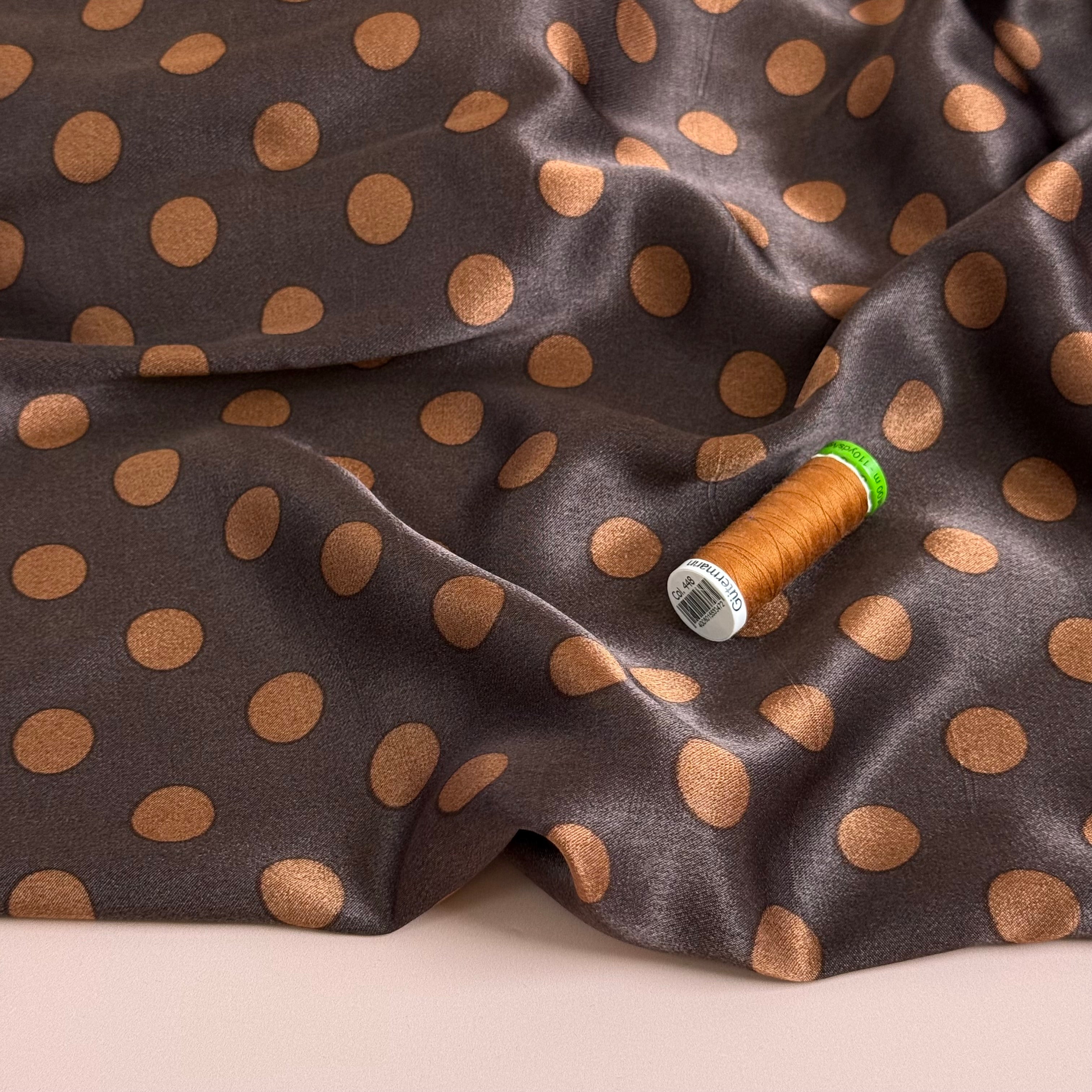 Polka Caramel on Brown Spun Viscose Sateen Fabric