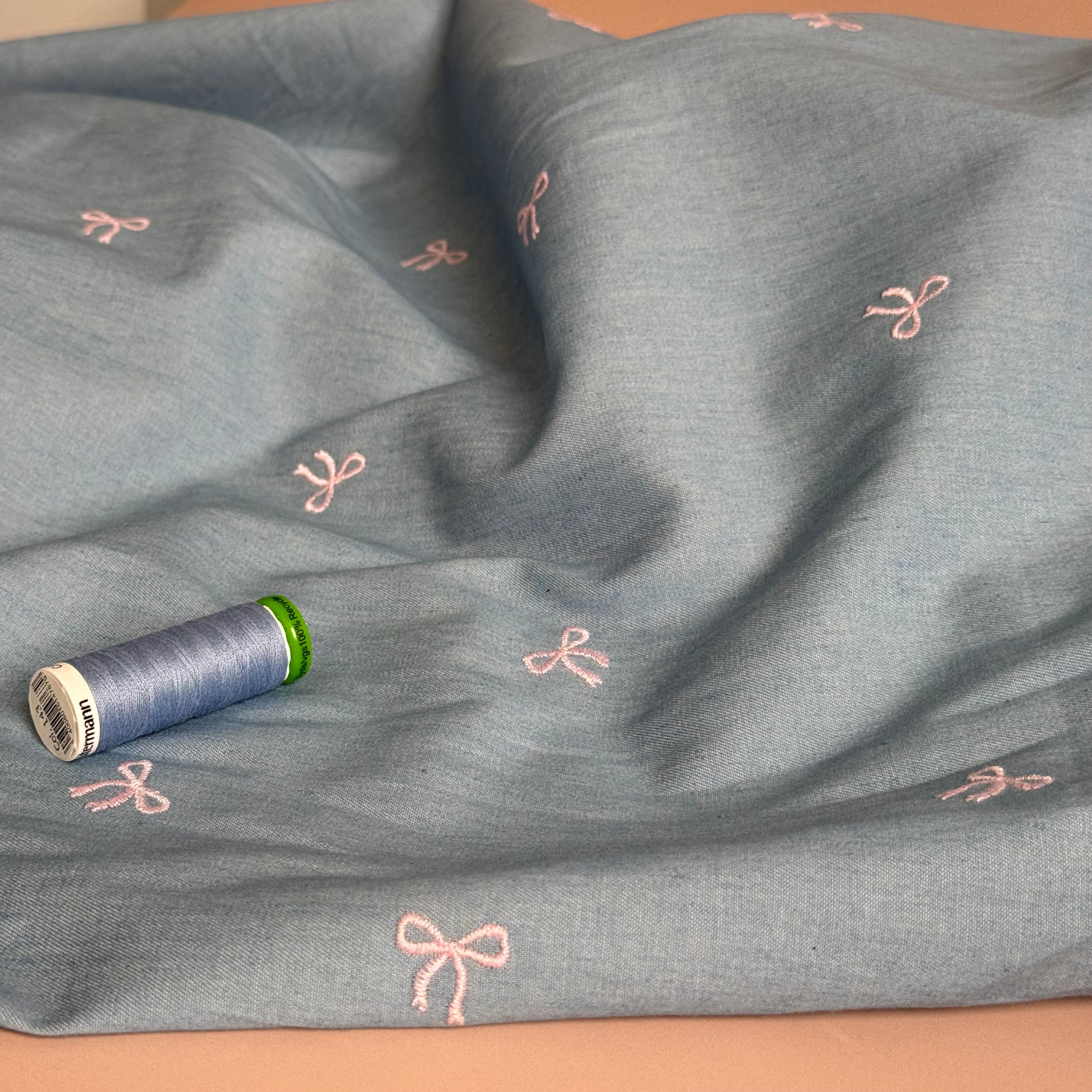 Pretty Bows Embroidered on Lightweight Denim Fabric