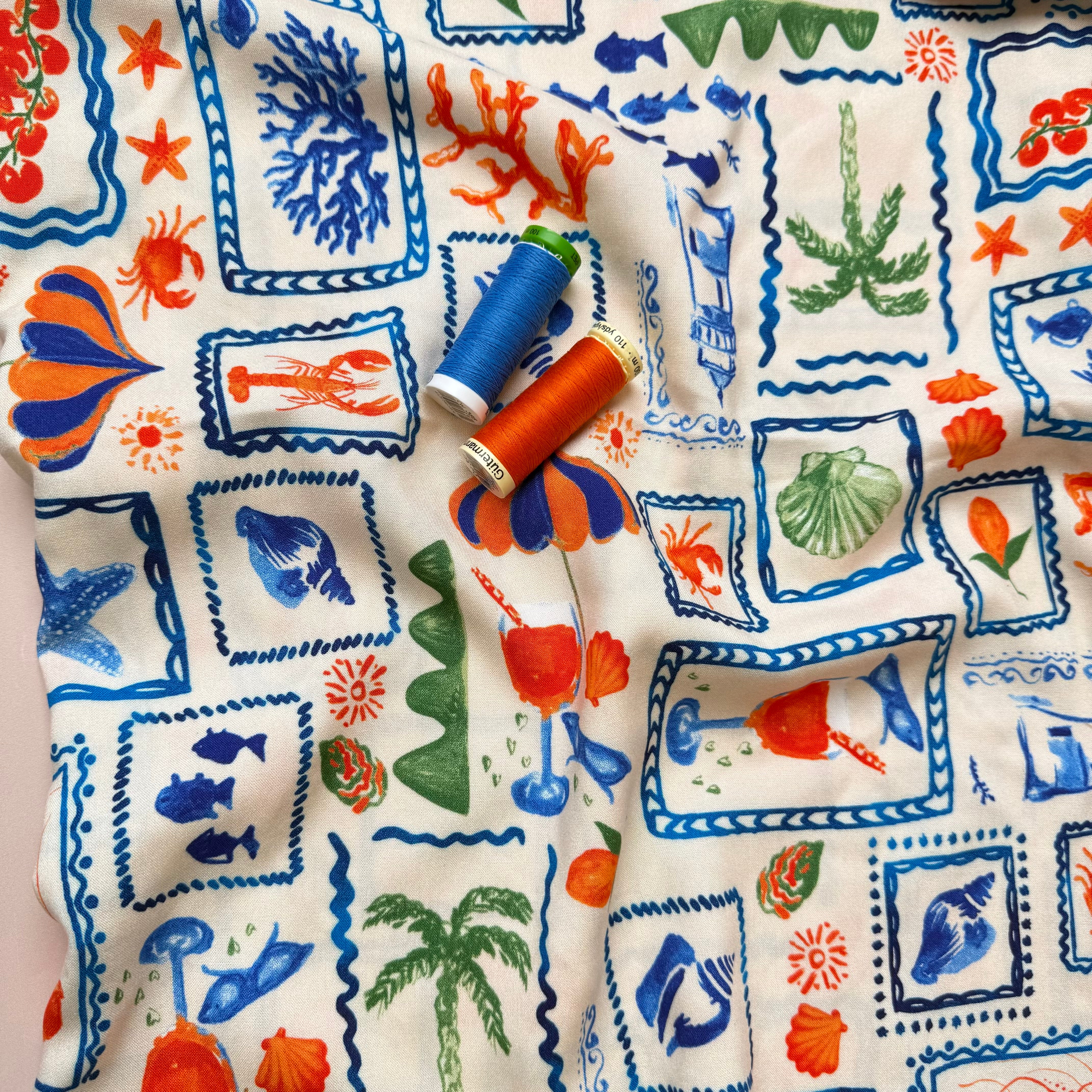 PRE-ORDER (arriving by end of May) - Seaside Postcard on Warm Beige Viscose Poplin Fabric