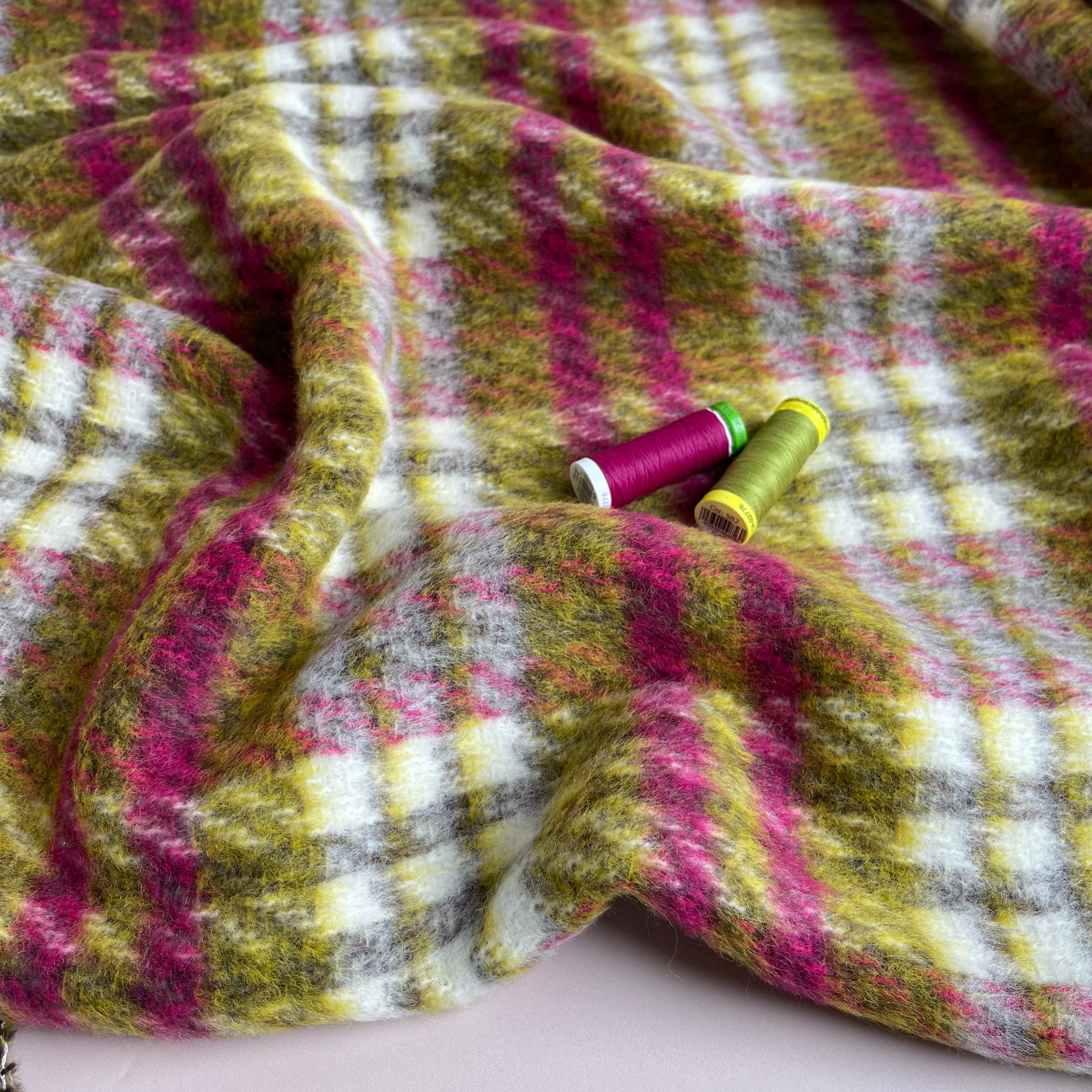 Kirstie in Green and Pink Checked Wool & Cotton Blend Coat Fabric