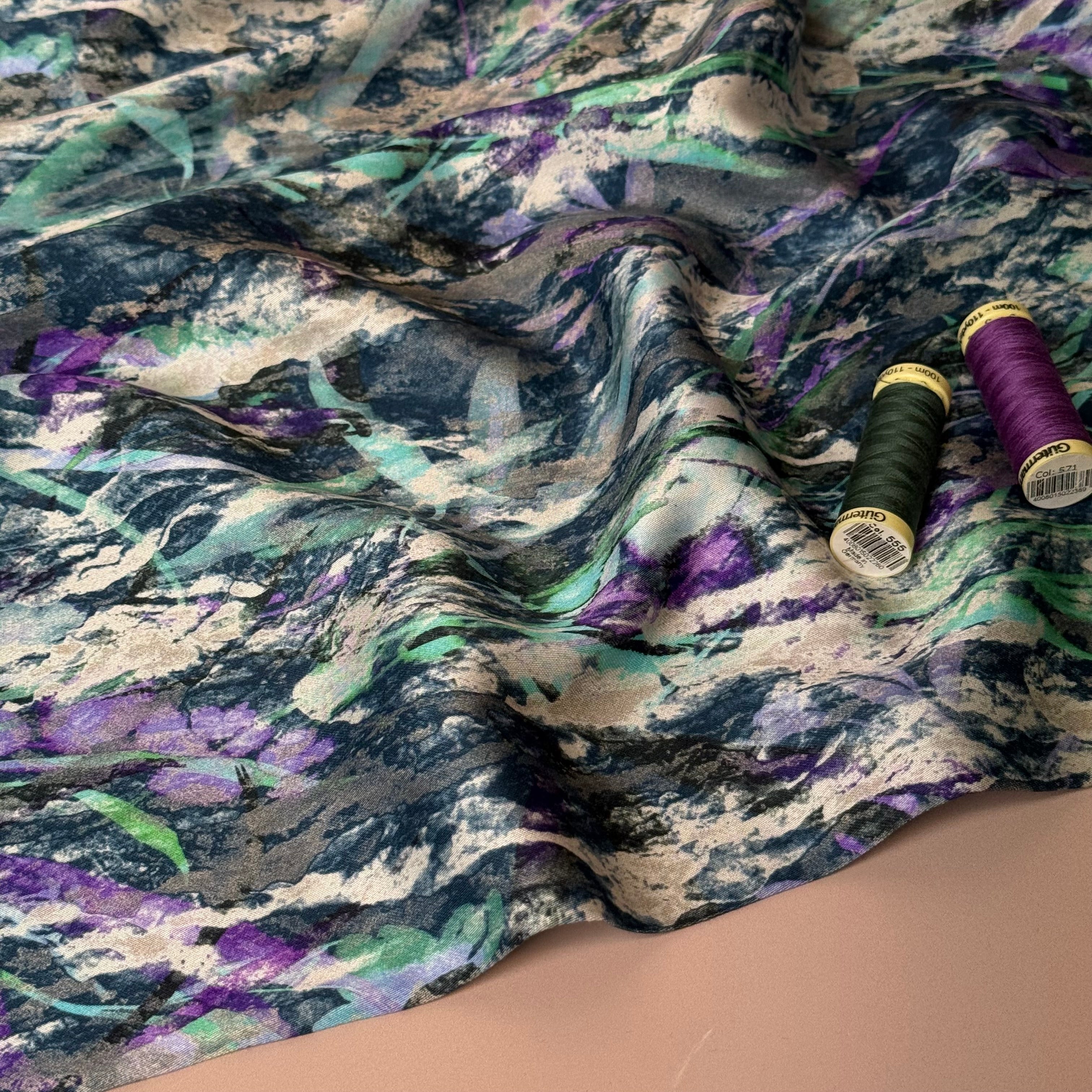 Autumn Foliage River Blue Viscose Sateen Fabric