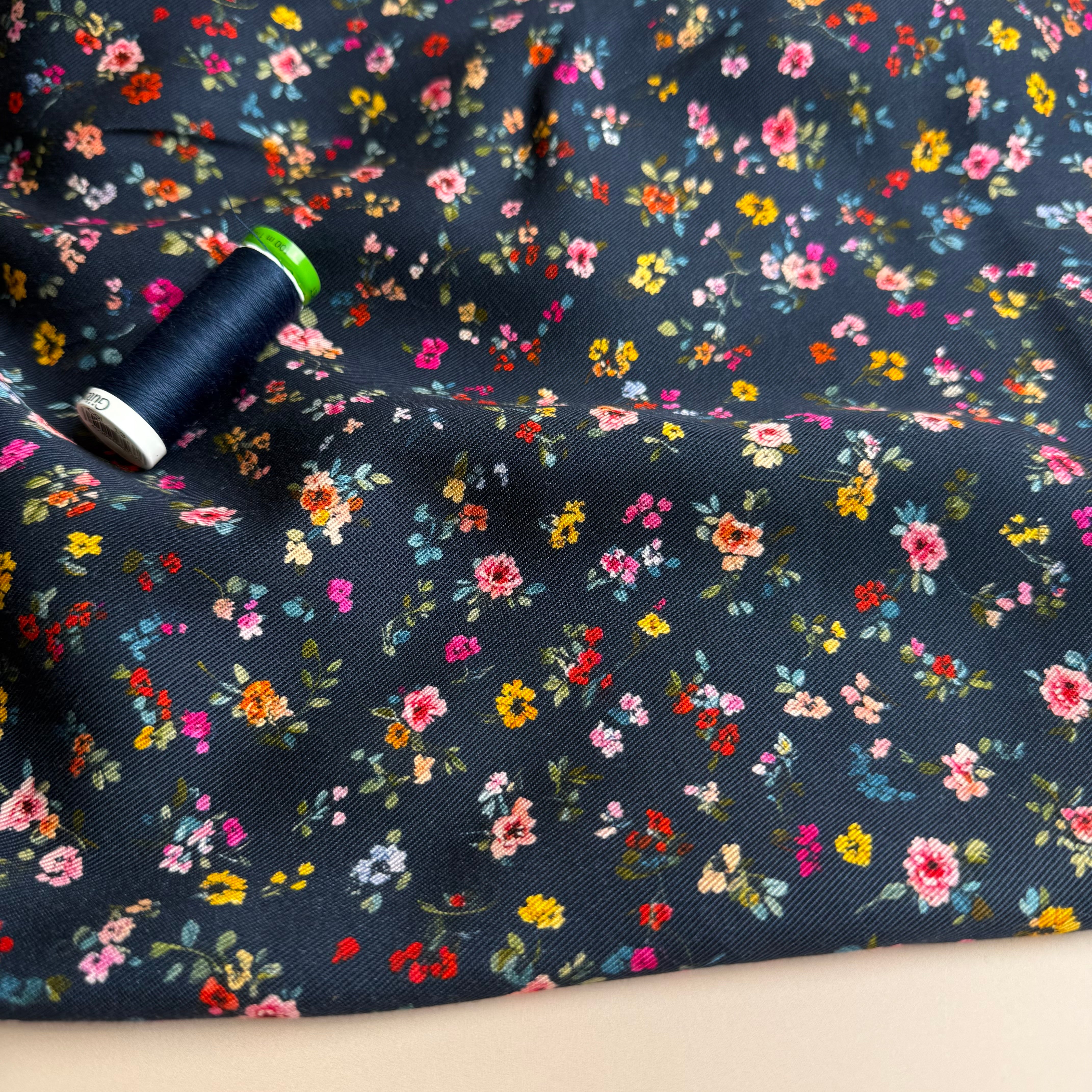 Ditsy Flowers Navy Lyocell Twill Fabric