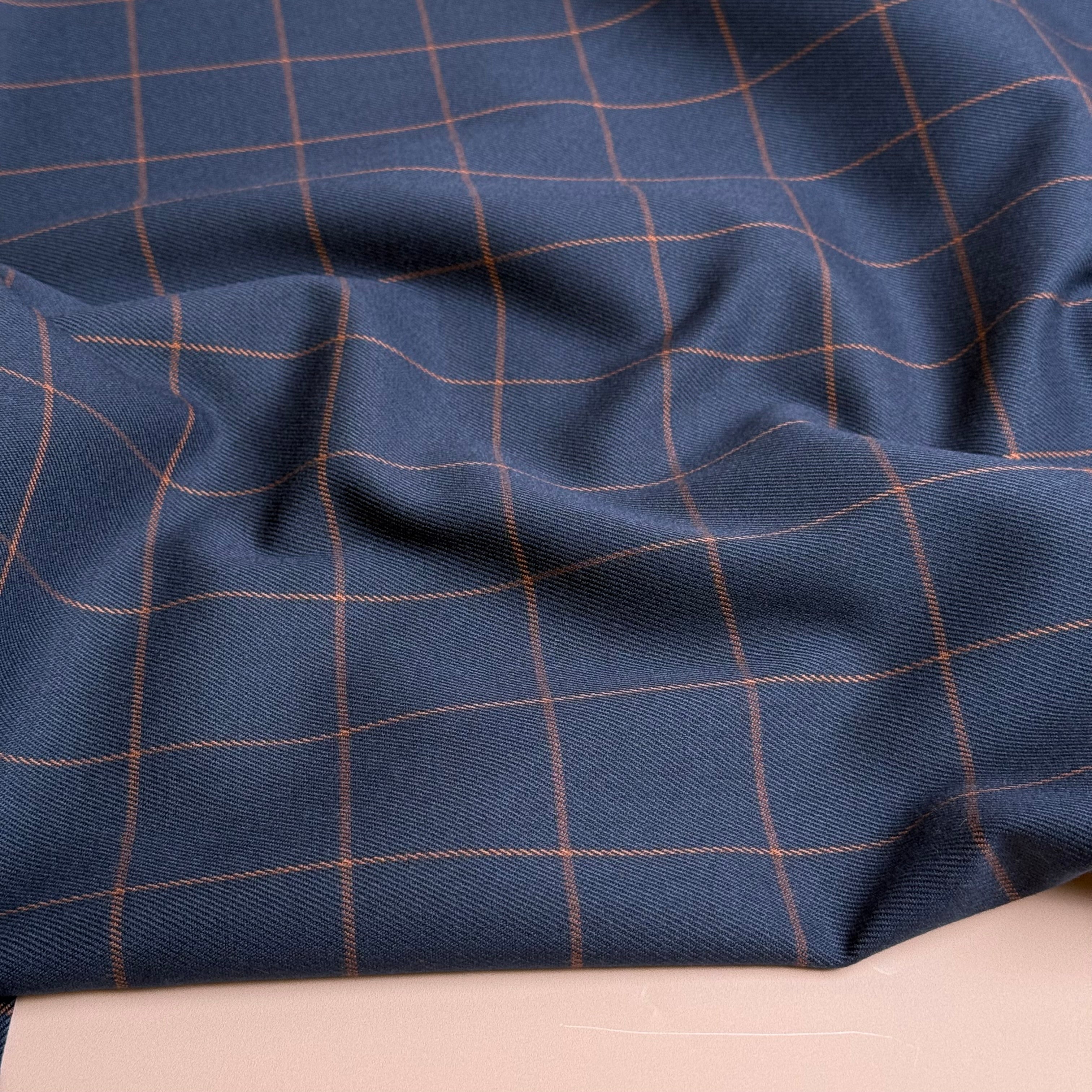 Tartan Check in Navy & Camel Viscose Blend Trouser Fabric