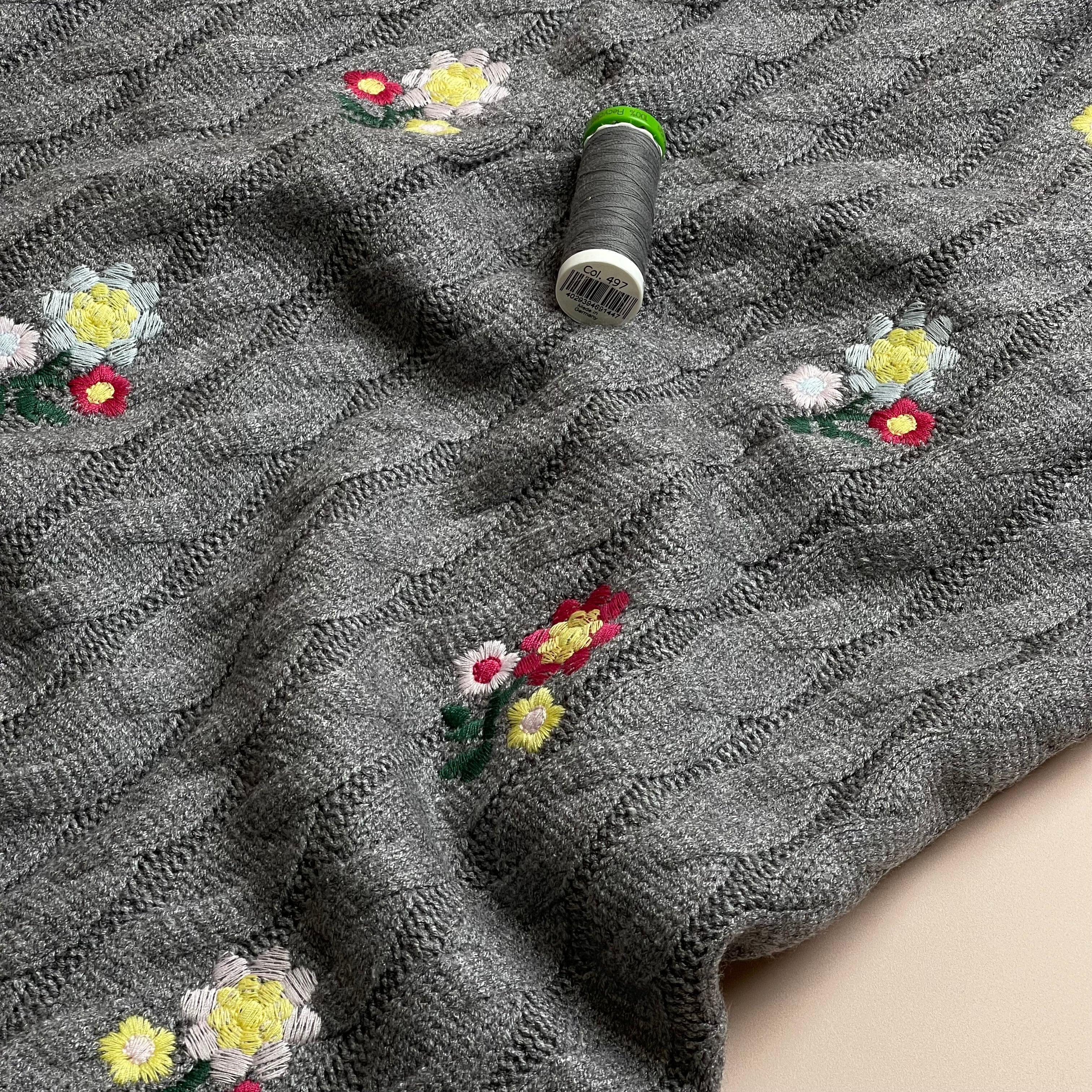 Embroidered Floral Nordic Cable Knit in Anthracite