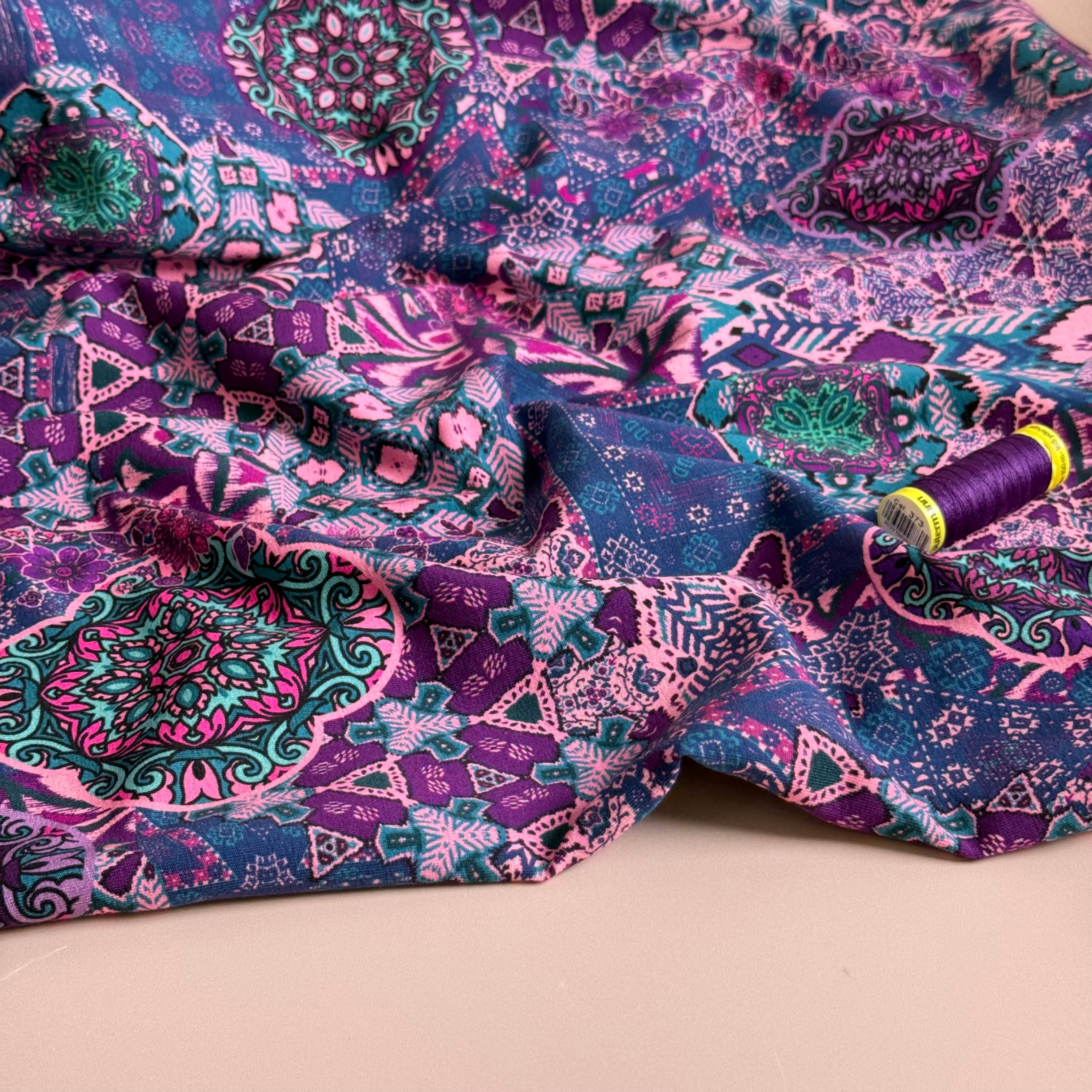 Ornamental Deco Purple Cotton Jersey Fabric