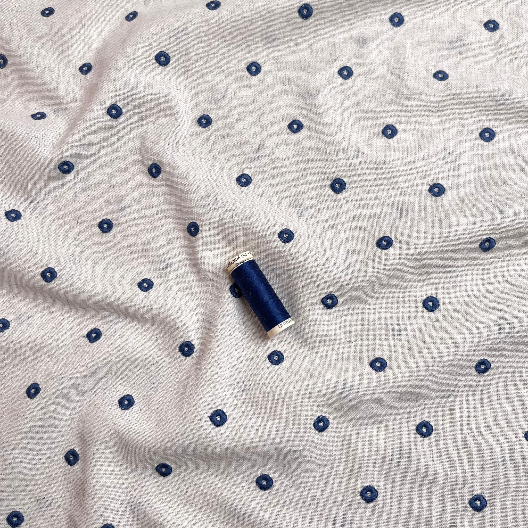 Embroidered Navy Circles on Natural Viscose Linen Blend Fabric