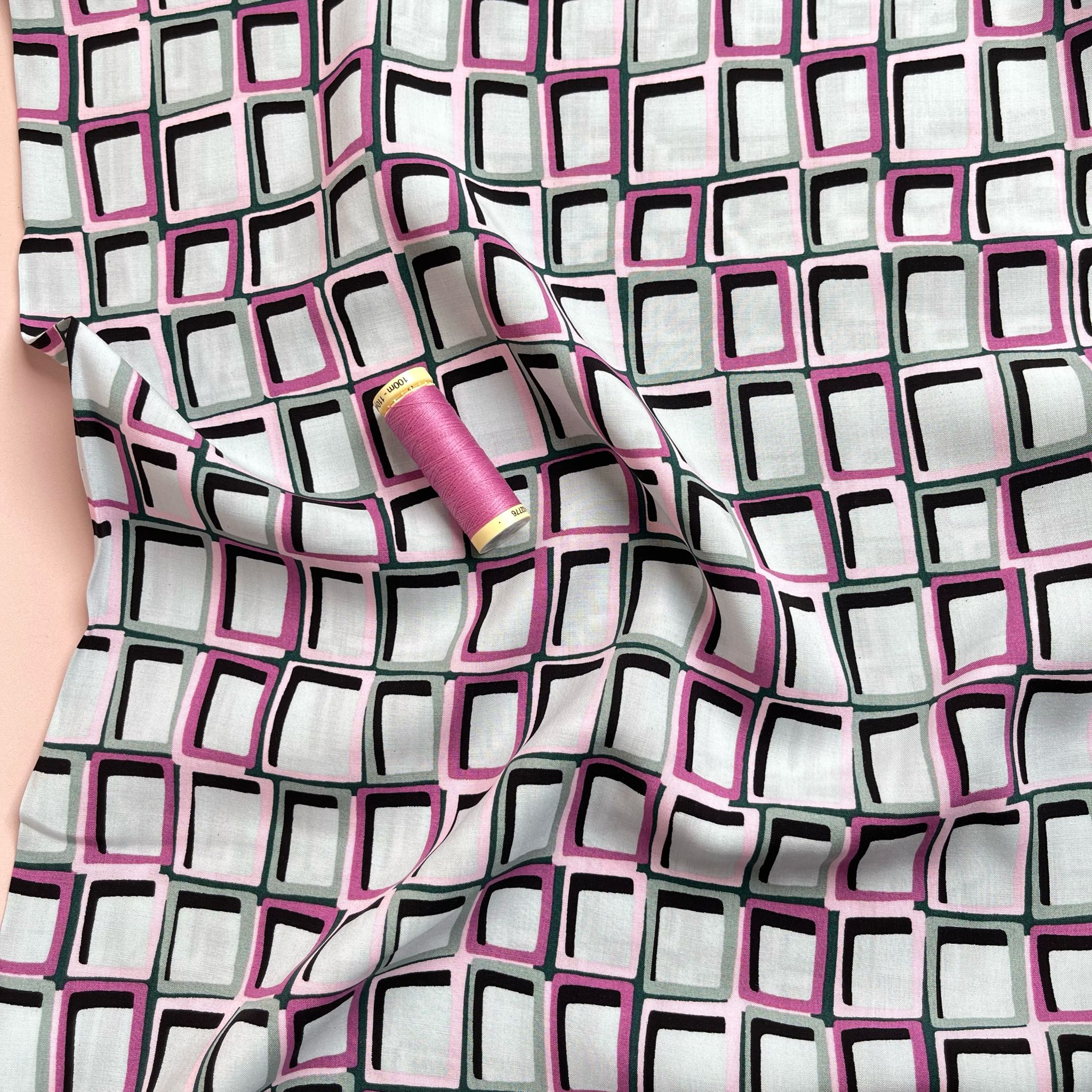 Abstract Squares in Pink and Grey Viscose Fabric