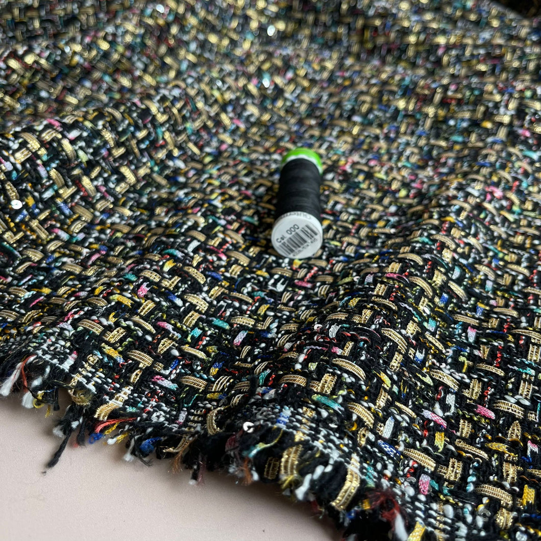 Rainbow on Black Tweed Boucle Fabric