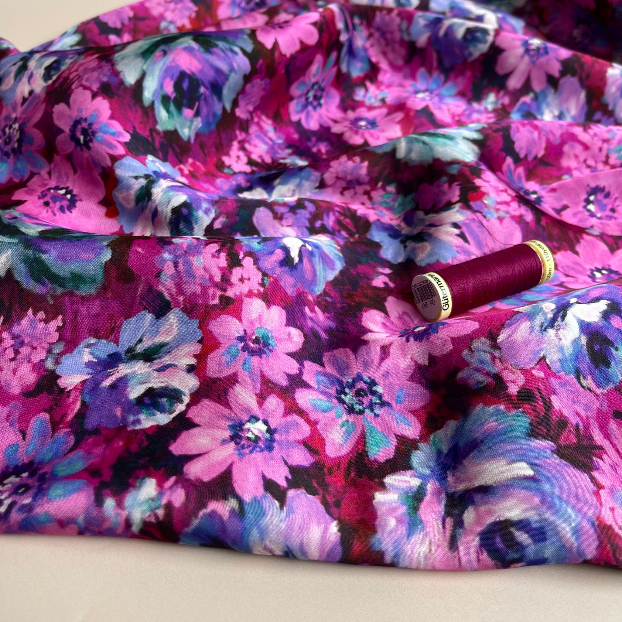 REMNANT 1.16 Metres - Magenta Meadow Viscose Sateen Fabric