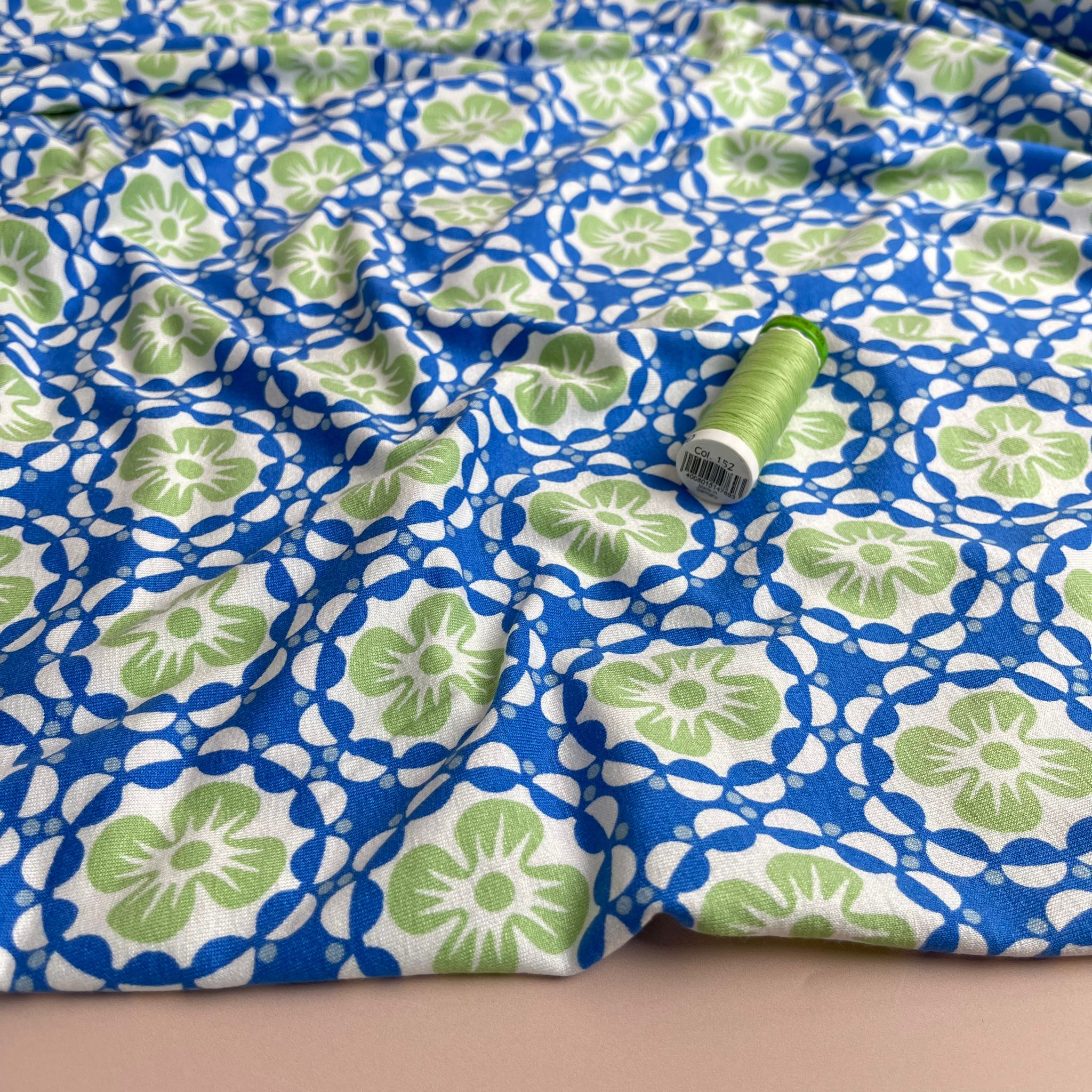 Mosaic Flowers in Green and Blue Viscose Jersey Fabric