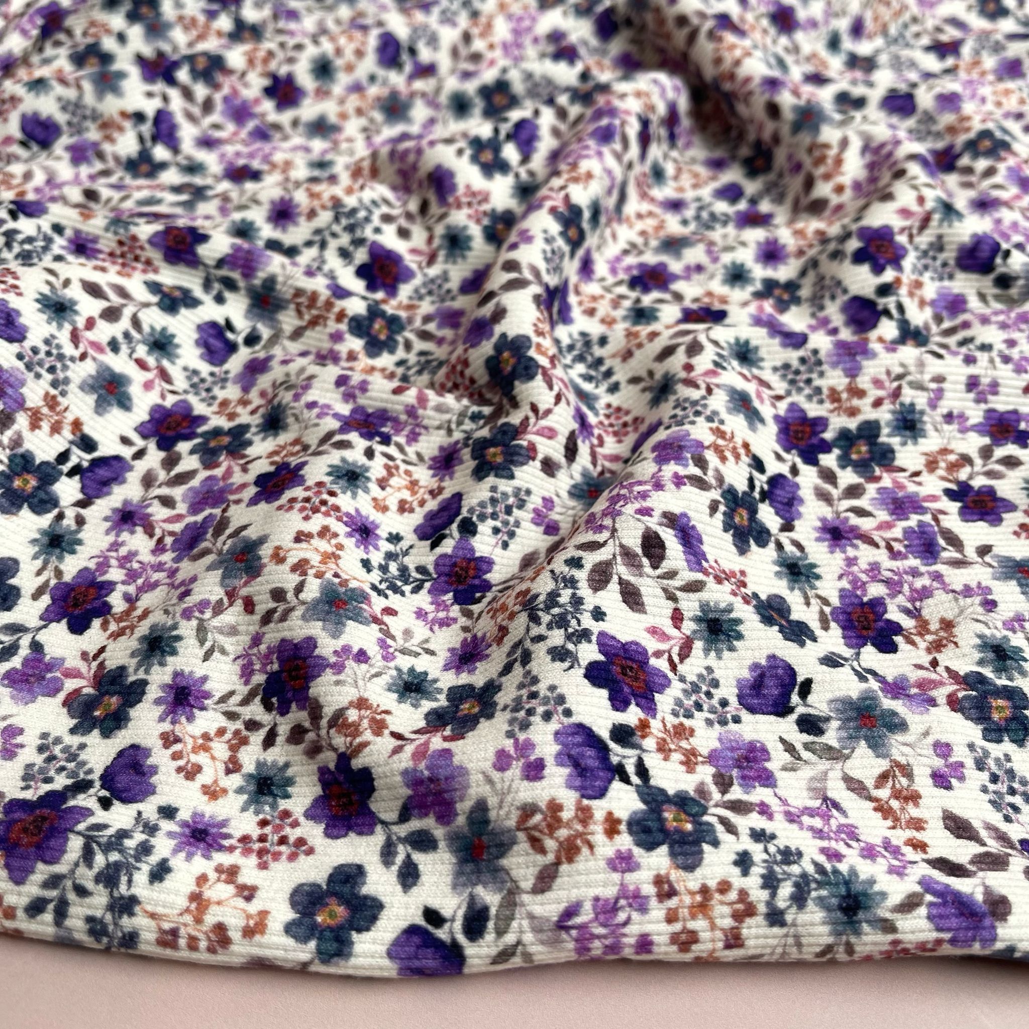 Ditsy Purple Flowers Cotton Ribbed Jersey