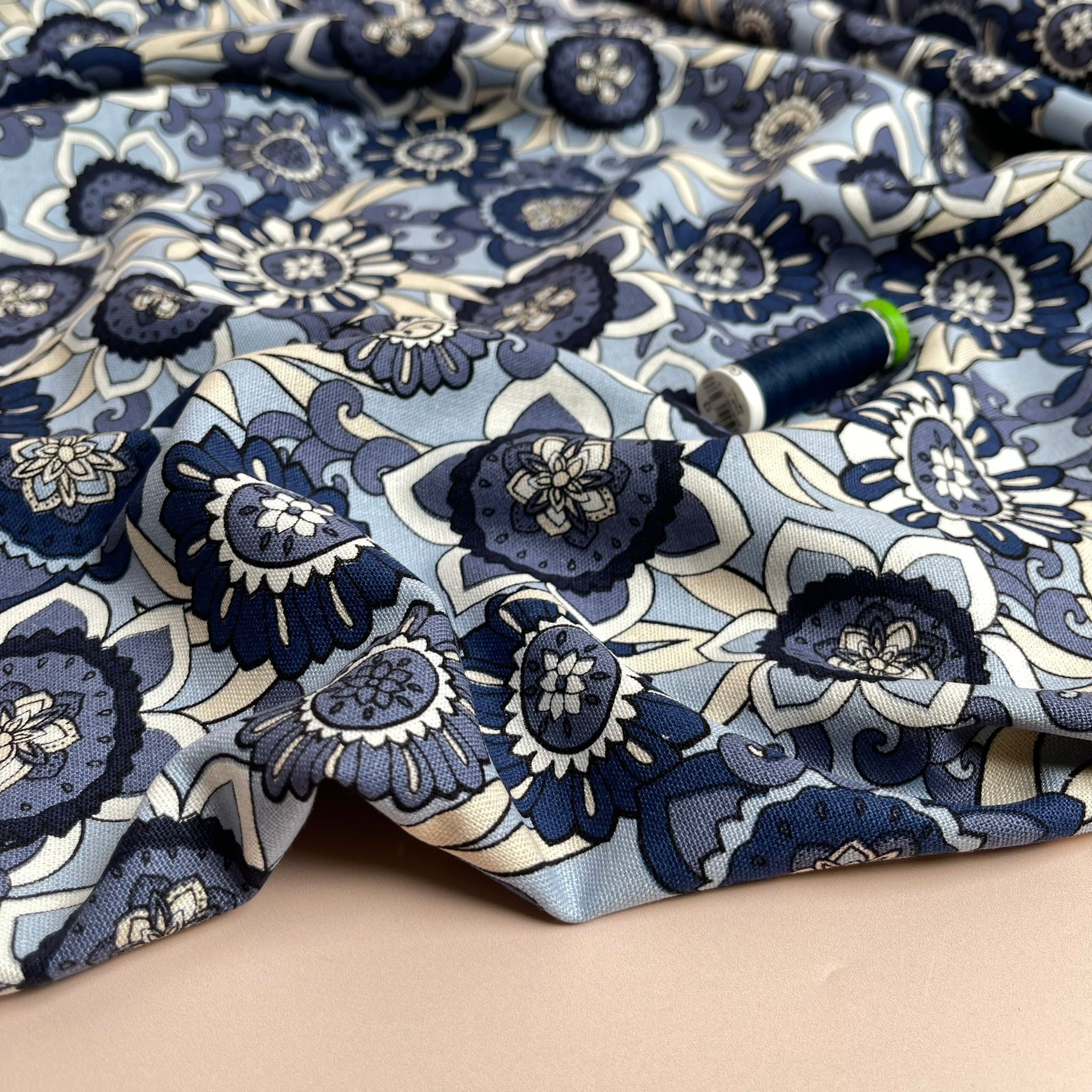 Seventies Flower on Blue Linen Viscose Blend Fabric