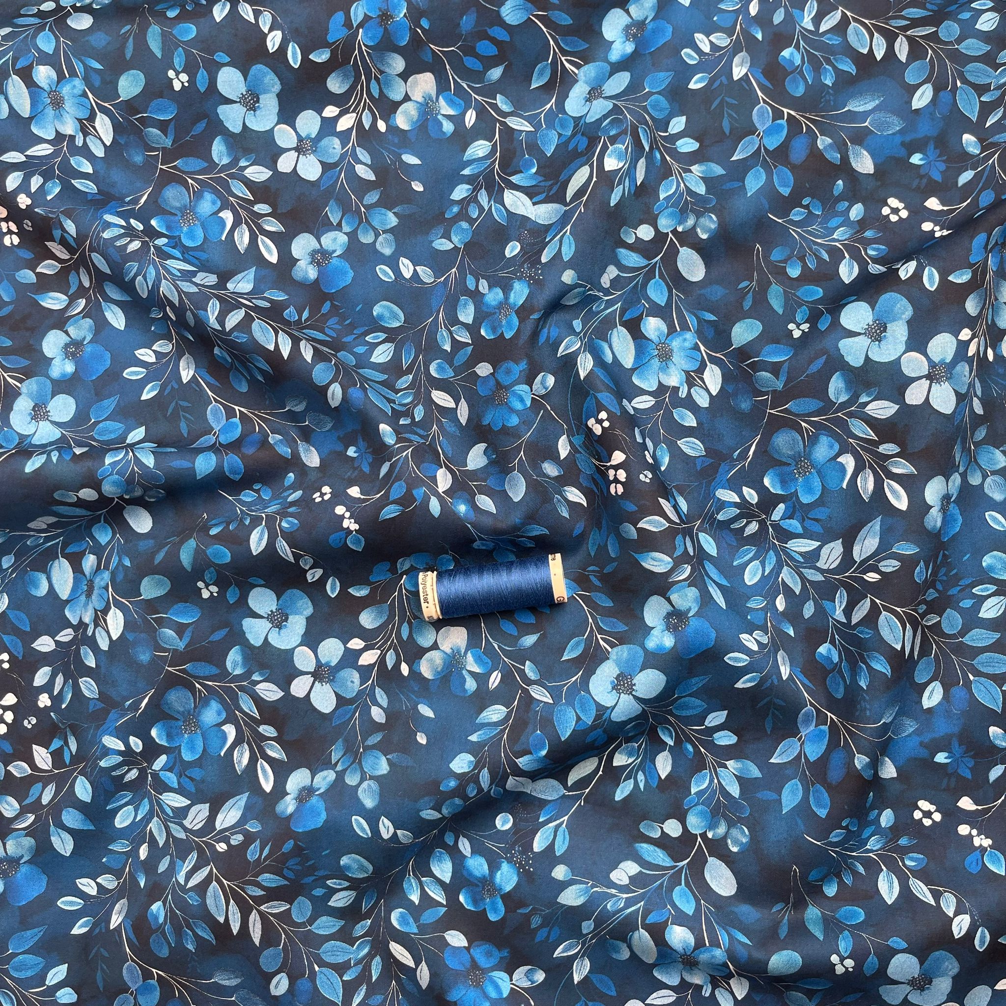 Delicate Cobalt Blooms Cotton Poplin Fabric