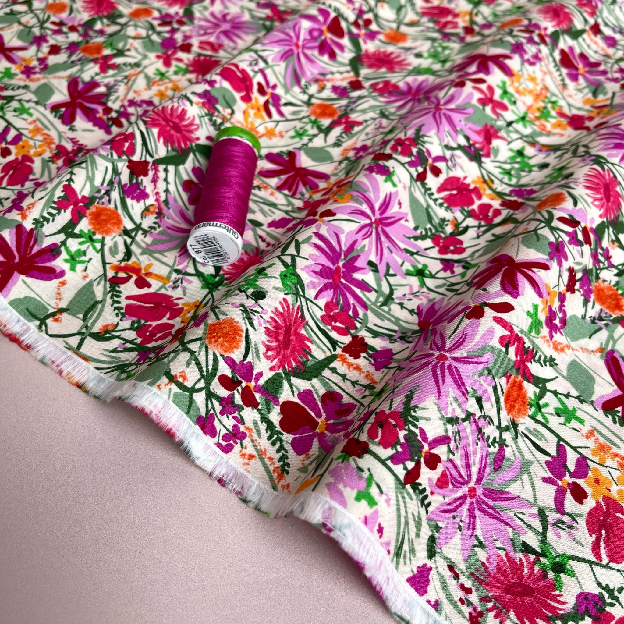 Magenta Meadow on White Cotton Lawn Fabric