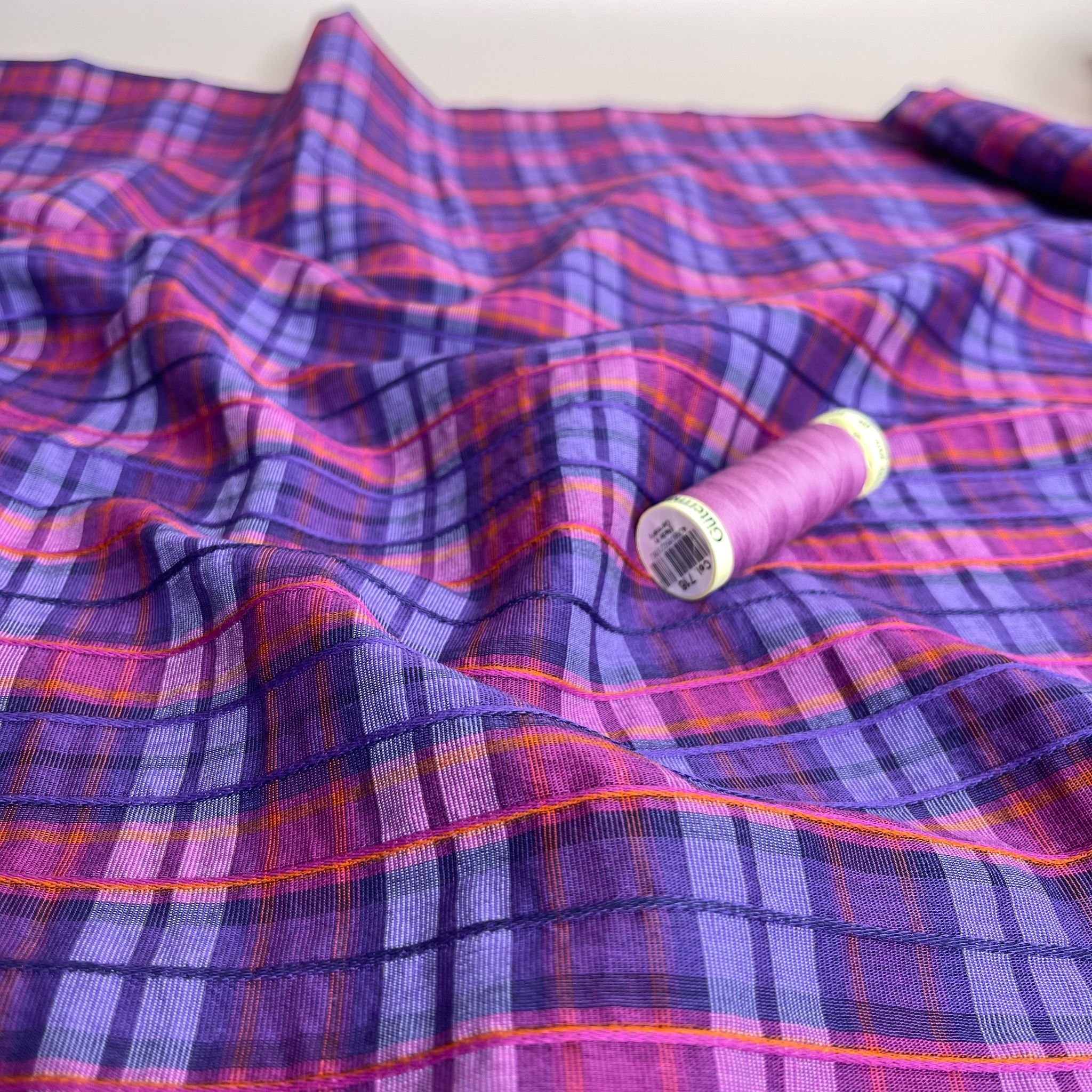 Ex-Designer Deadstock Purple Embroidered Check Cotton Blend Seersucker Fabric