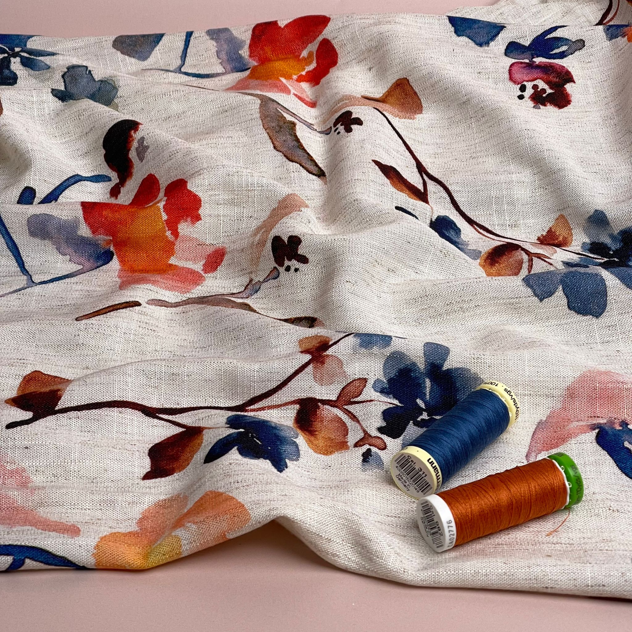 REMNANT 0.75 Metre - Apricot and Blue Florals Viscose Linen Fabric